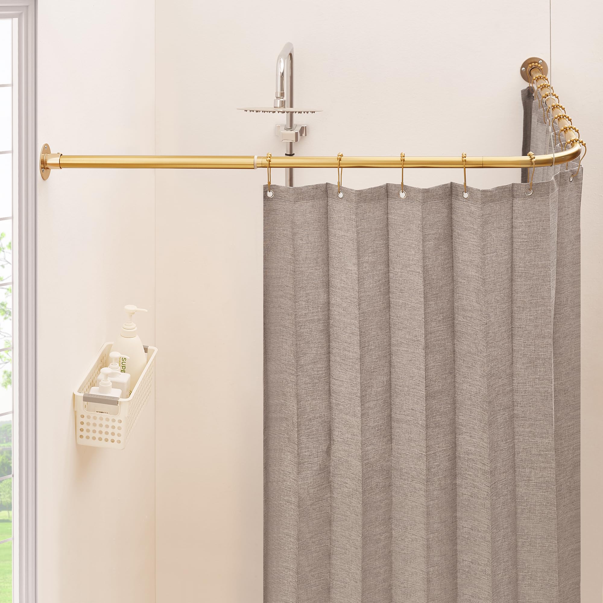 Mirooyu L Shaped Corner Shower Curtain Rail, [100-172 cm] x [140-212 cm] Heavy Duty 90 Degree Adjustable Shower Rod Pole for Bathroom, Bathtub & Outdoor with 12 Hooks & Ceiling Support