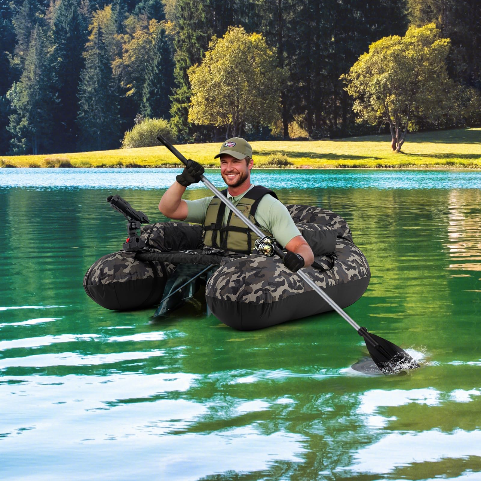 HOMASIS Barco de Pesca Inflable con Bomba, Kayak Hinchable con 2 Aletas y Soporte para Caña, Red de Medición, Mesa de Cebos Equipada, Carga 150kg