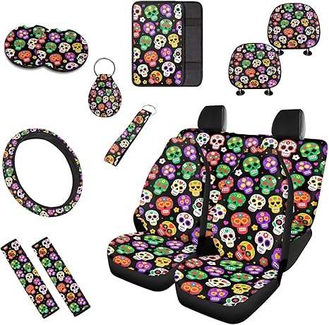 Colorful Sugar Skull Car Seat Covers Set of 13, Cute Sugar Skull Steering Wheel Cover Armrest Cover Seatbelt Covers Cup Mats, Day of Dead Easy to Install Car Seat Cover Set