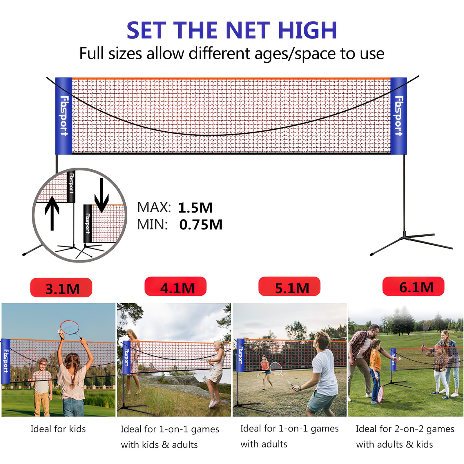 FBSPORT Rete da Badminton Pieghevole, Rete da Calcio Tennis 3-6m Rete da Allenamento per Rete da pallavolo Portatile, 3 Altezze Regolabili Portaoggetti, Interni ed Esterni