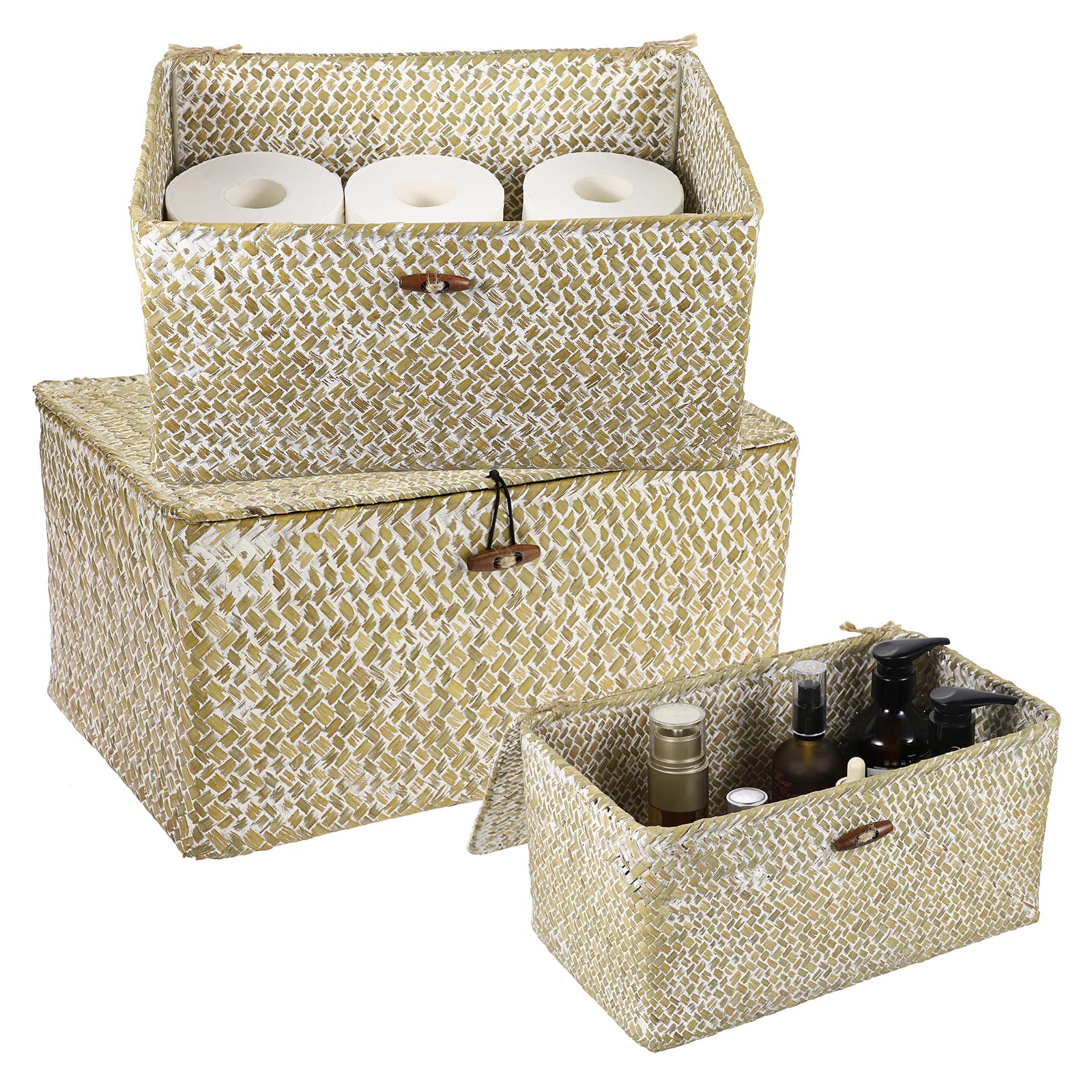 Hipiwe Set mit 3 Weidenkörben mit Deckel – groß, handgewebt, Seegras, Regalkorb, Behälter, rechteckig, stapelbar, Haushalts-Organizer, Boxen für Regal, Schrank, Kleiderschrank, Organizer, weiß