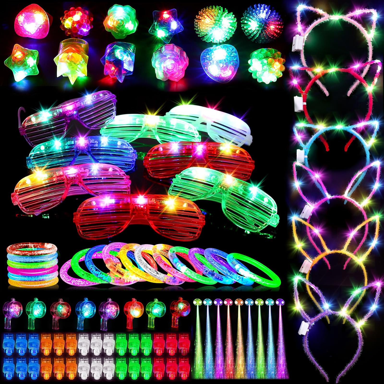 100pc party bags fillers,Glow in the Dark Party Supplies for Adults with 40 Finger Lights, 8 Jelly Rings,8 Glasses, 16 bumpy rings，14 Glow Sticks Bracelets,6 Pcs Cat Ears Headbands,8 Pcs Glow whistle