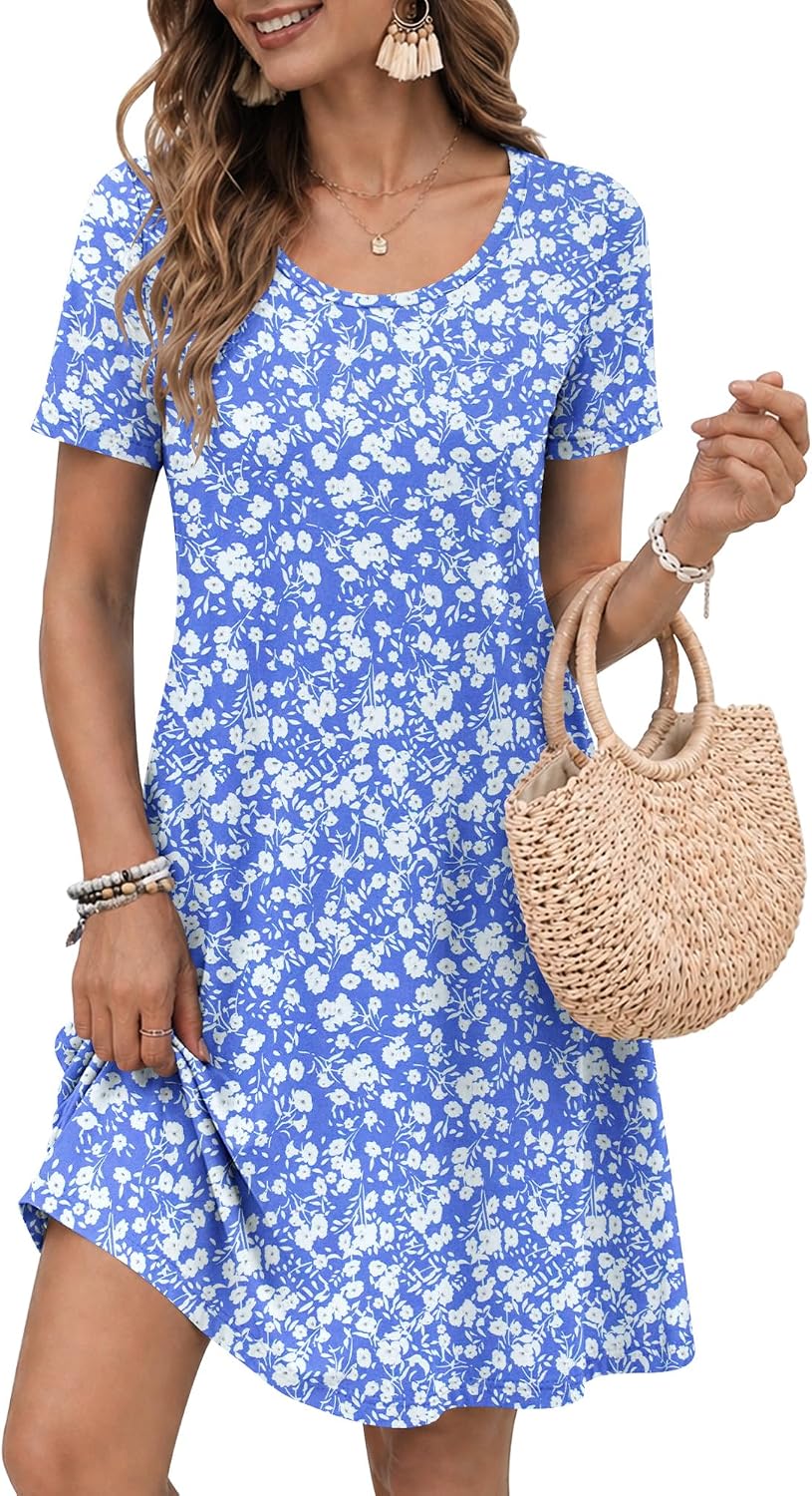 WNEEDU Women's Summer Casual T-Shirt Dress with Pockets