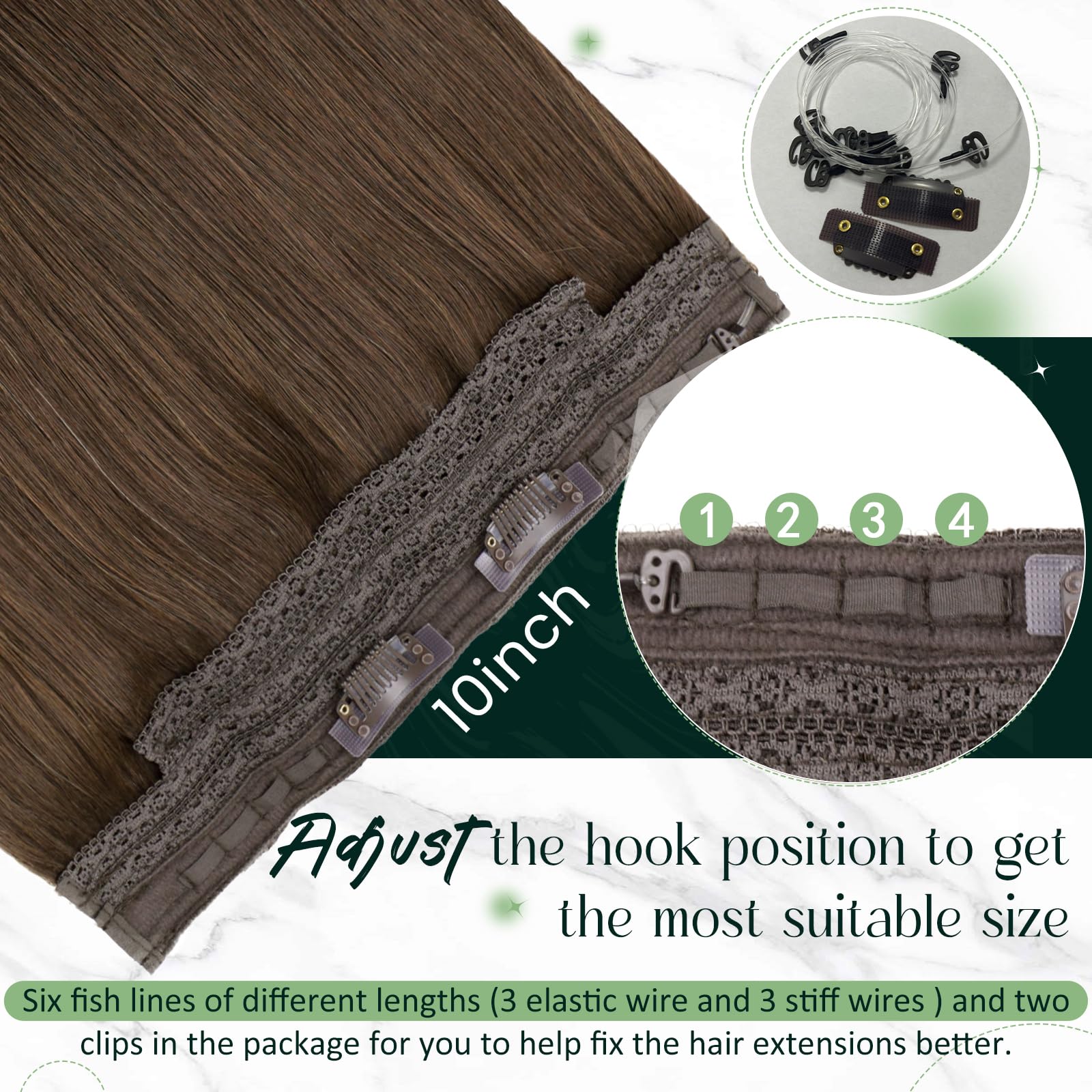 RUNATURE Invisible Wire Hair Extension Real Human Hair Brown Secret Fish Line Hair Extensions Invisible One Piece Headband Remy Straight Invisible Wire Hair 12 Inch 70 Gram #4 - Image 3