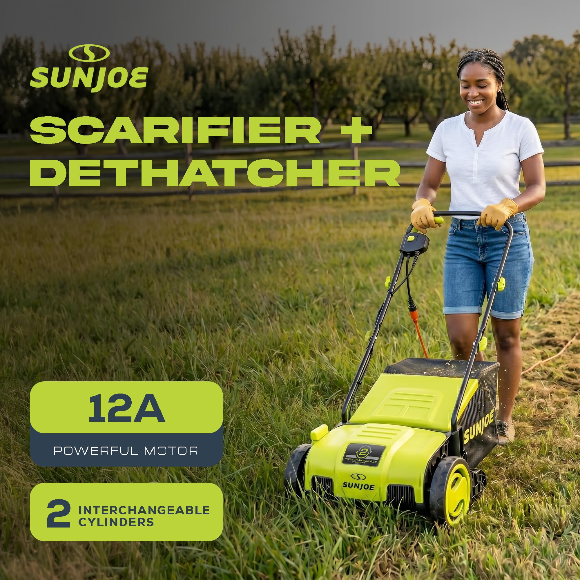 Sun Joe AJ798E - Desechador eléctrico y escarificador de 12 amperios y 13 pulgadas con bolsa de colección extraíble de 8 galones, ajuste de altura de 4 posiciones, tecnología Airboost aumenta la salud