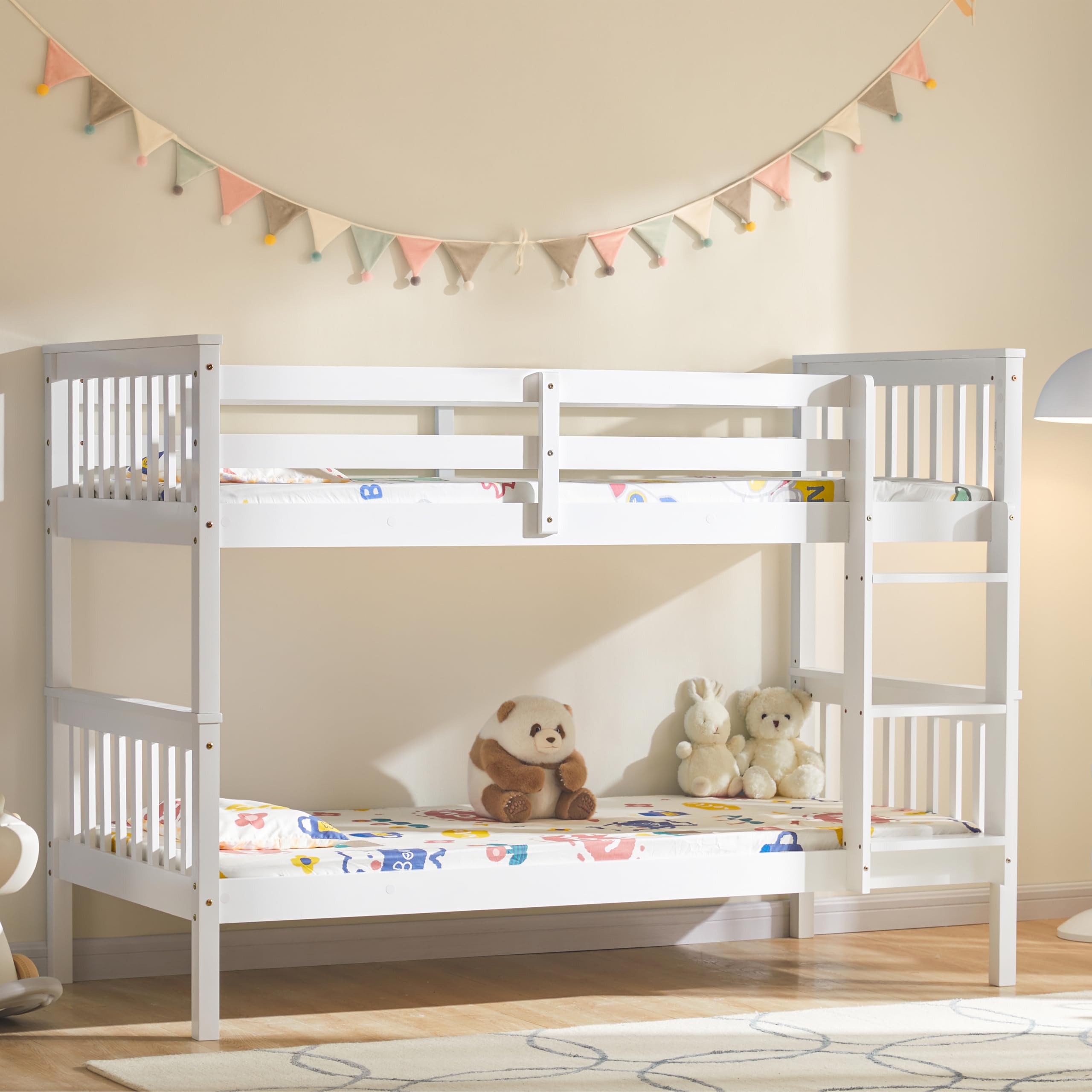 Vida Designs Milan Single Bunk Bed Frame with Ladder | White | Solid Pine Wood | 3ft | Twin-Sleeper Design & Guard Rails | Easy Assembly | Versatile | Bedroom Furniture for Children