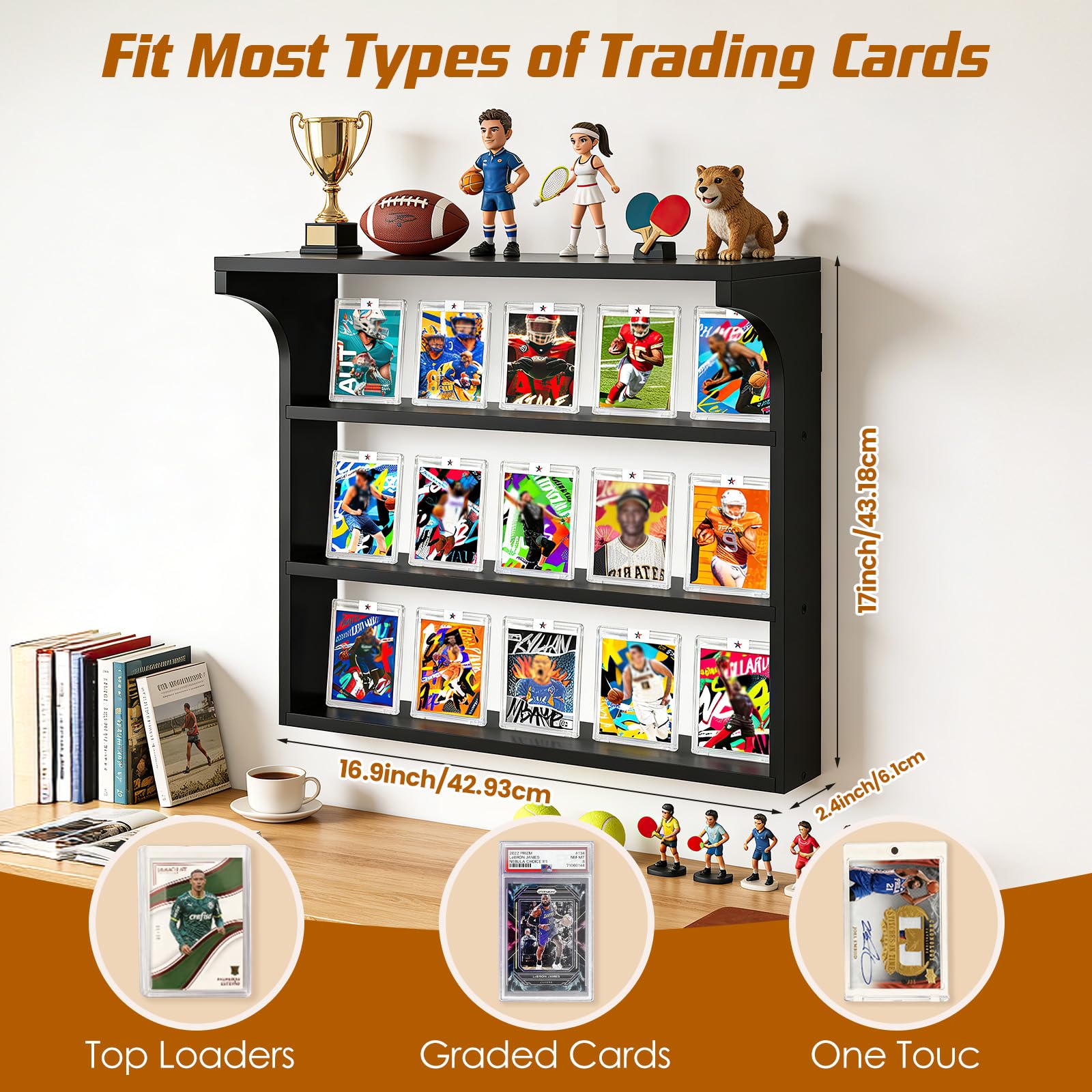 Porte-Cartes Mural en Bois, 3 Étages Présentoir à Carte - avec étagère supérieure Polyvalente, Présentoir pour (Football, Baseball, Basket-Ball), 15+ Cartes, Noir