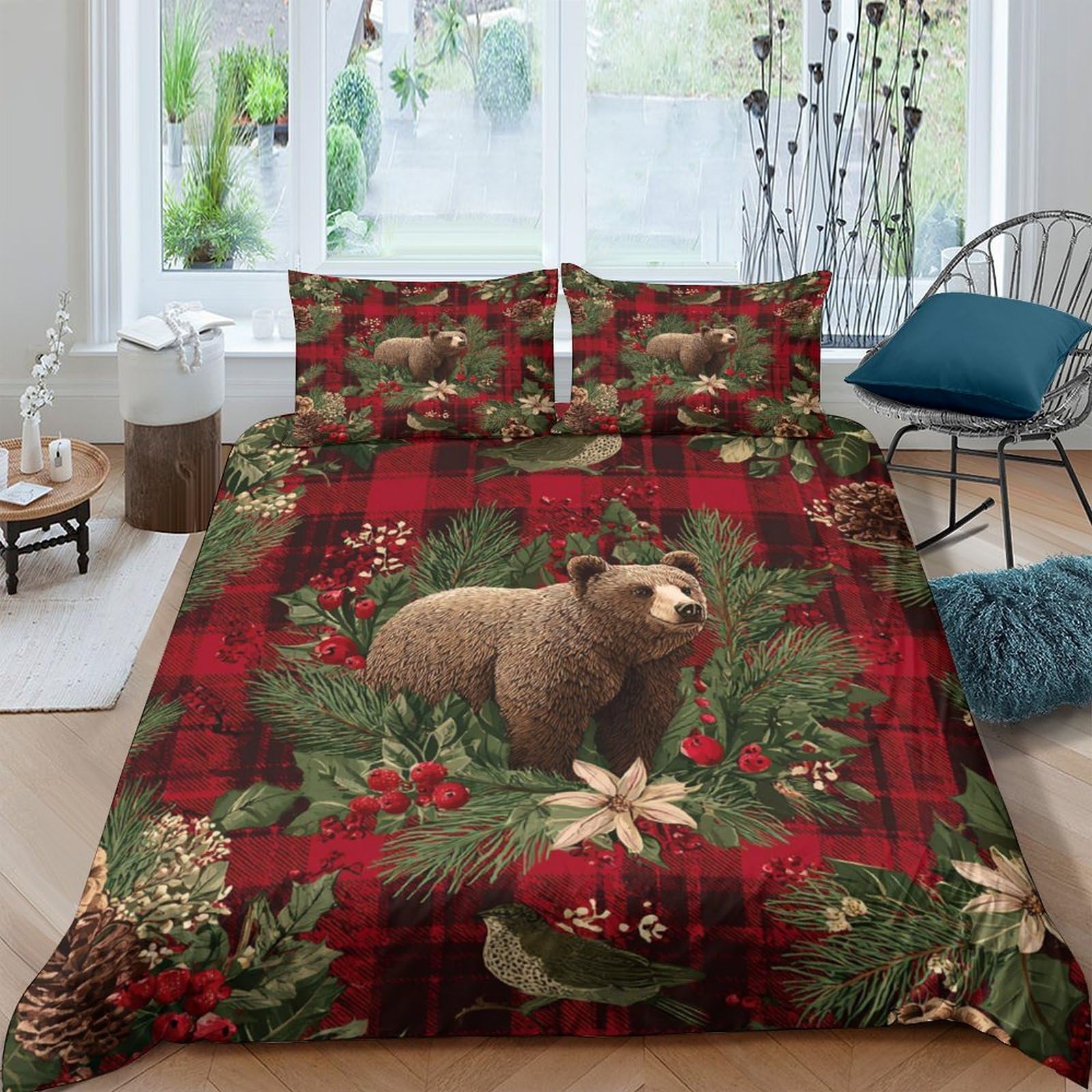 P5V6M1Q9 3D Printed Forest Bear Duvet Cover Microfiber Red Plaid Floral Bedding Set with 2 Pillowcases for Bedroom Home Decor Single（135x200cm）