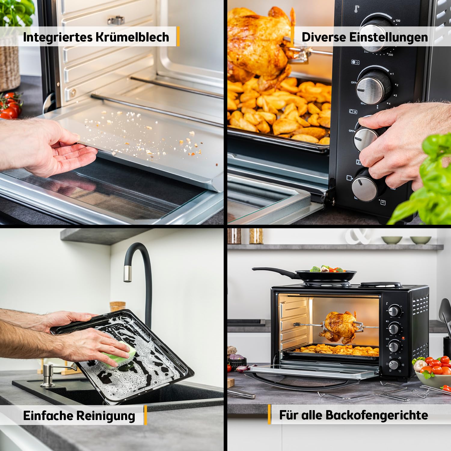TZS First Austria - Minibackofen mit Kochplatten 30L 3200 W - Mini Backofen Pizzaofen mit Herdplatten bis 230°C & 6 Heizmodi - Miniofen Kombigerät mit 4 Einschubhöhen & hochwertigem Zubehör