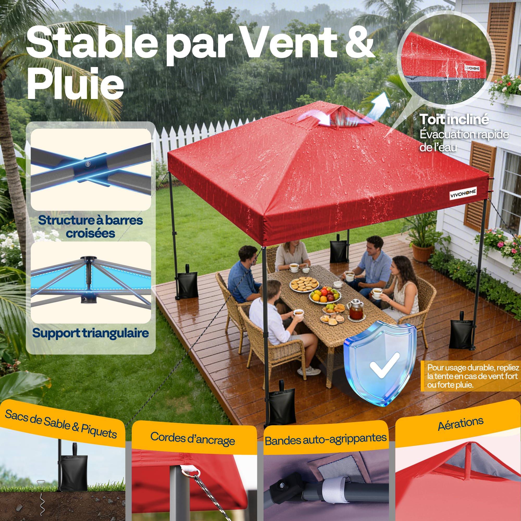 VIVOHOME Tente Pop-up Tonnelle 3 x 3 m Installation par Simple Pression Robuste avec Sac De Transport À roulettes Et 4 Sacs De Sable