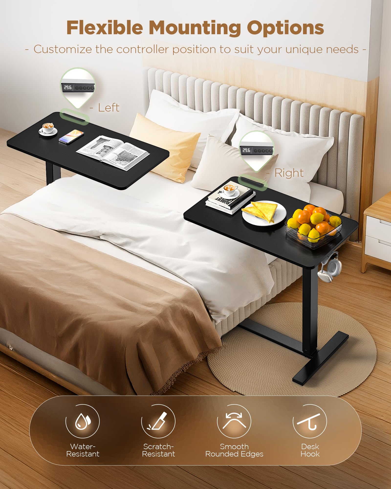 Overbed Bedside Table with Wheels Electric Standing Desk Adjustable Height Small Computer Desk for Home Office Rolling Laptop — view 7