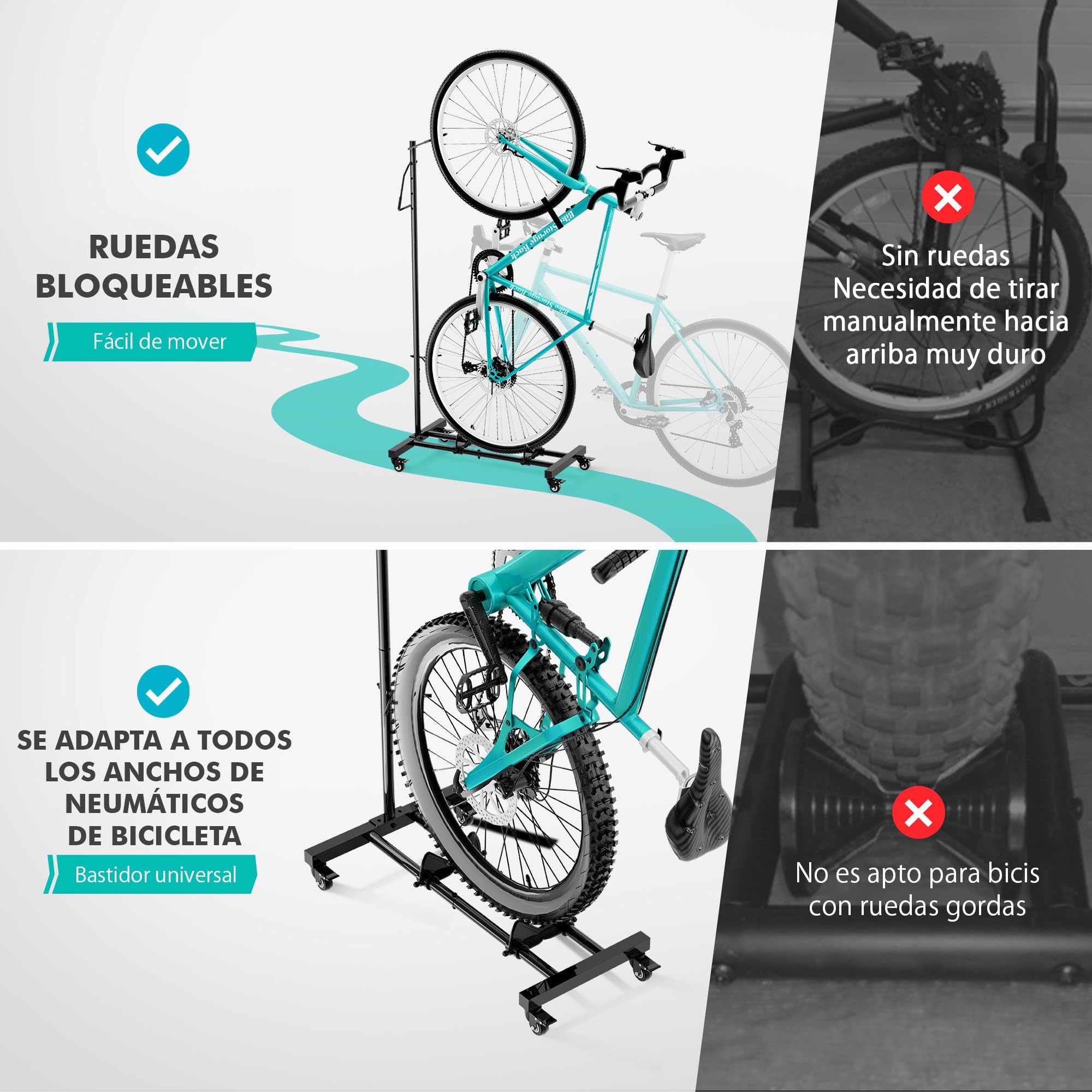 Mimoke Soporte de bicicleta con ruedas – para bicicletas de montaña y carreras de hasta 29 pulgadas, altura ajustable, ahorra espacio, ideal para apartamentos