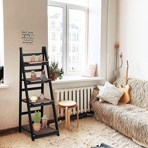 Miniatura 7 de ECOMEX Estante de escalera de 4 niveles, estante de escalera de madera de 4 niveles, estante de escalera plegable rústico para almacenamiento para