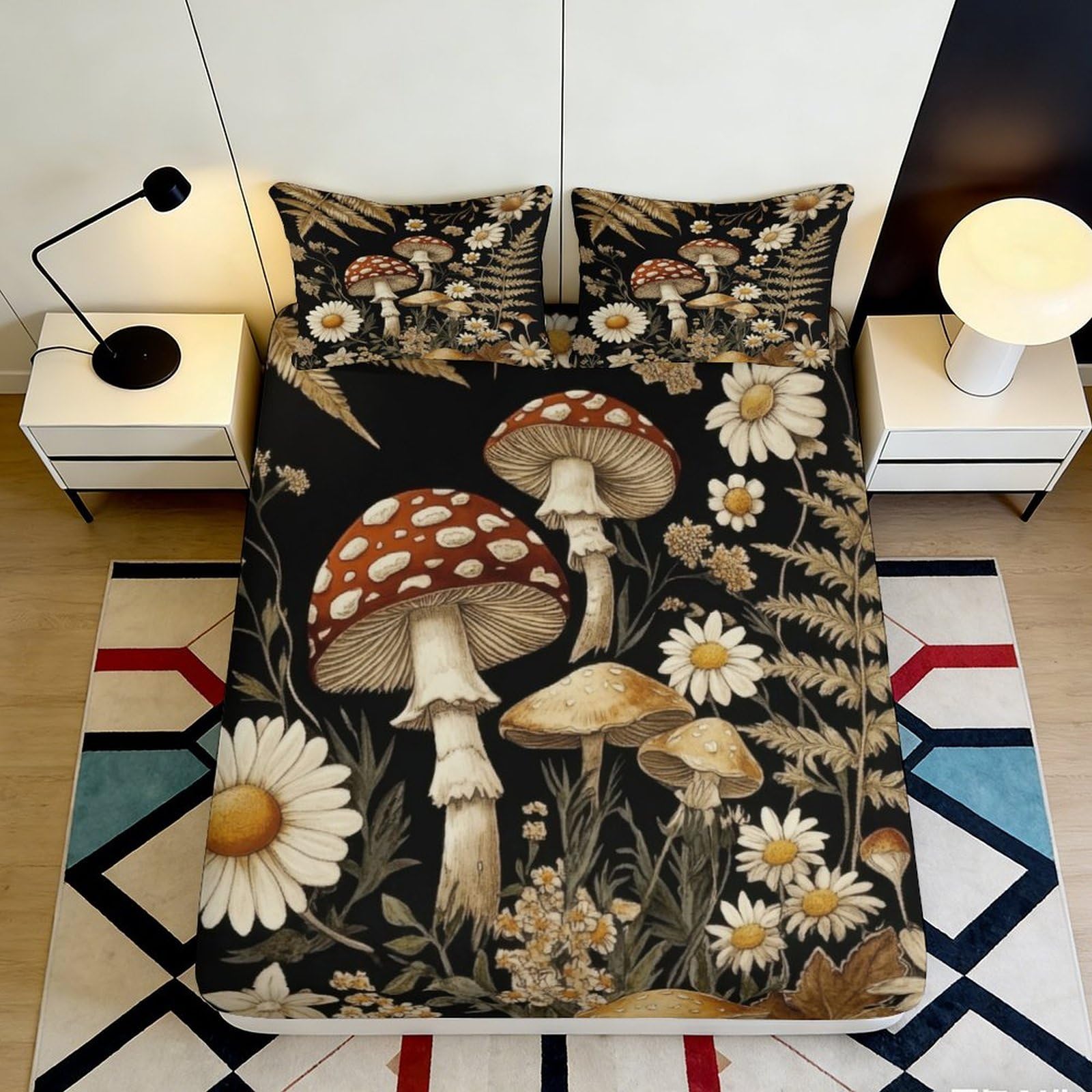 3D Printed Mushroom Floral Fitted Sheet Microfiber Soft Breathable Botanical Bed Cover Decor for Bedroom Guest Room 160x200x25cm