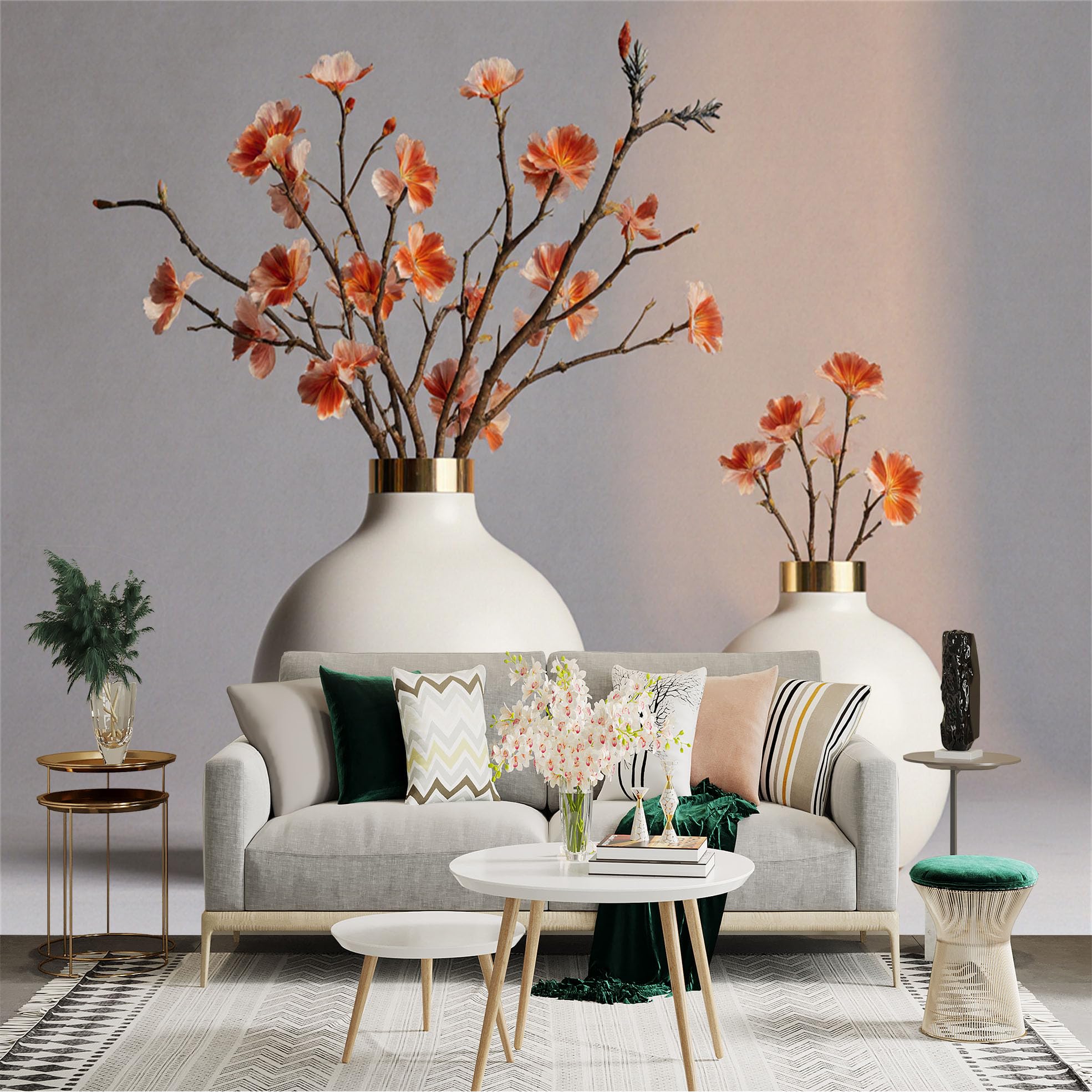 Custom Size Wall Sticker Mural， Elegant White Ceramic Vases with Orange Blossom Branches， Minimalist Floral Art， for wall Decoration， peelandstick wall Decals.