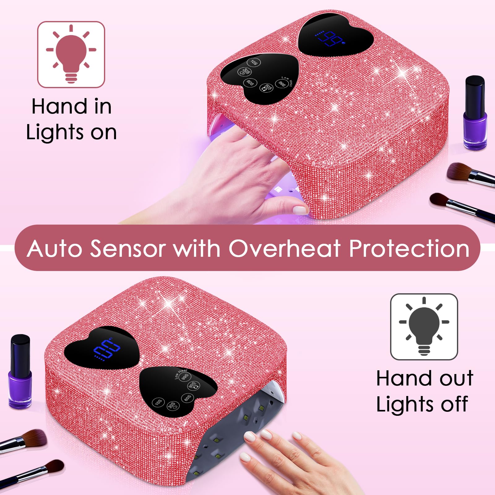 Lámpara LED UV de uñas inalámbrica, 80 W, recargable, para uñas de gel con 5 temporizadores y base de espejo, secador de luz de gel profesional, lámpara de curado de diamantes de imitación