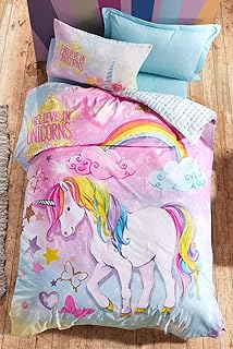 OZINCI 100% Cotton Unicorn Bedding Set, I Believe in Unicorns Themed Single/Twin Size Duvet Cover Set, Girls Bed Set Kids Bedroom (3 Pieces)