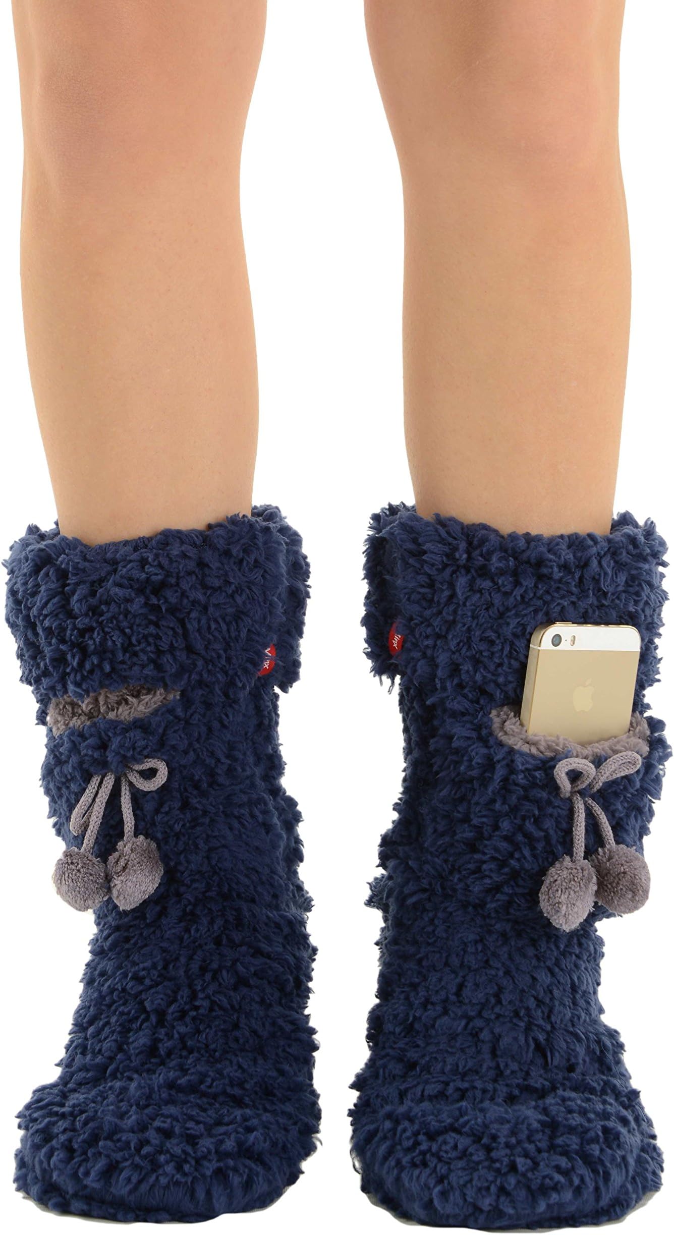 Navy Blue Fuzzy Slipper Boots Fleece Lining Grey Pom Poms Iphone Pocket Sizes: Medium