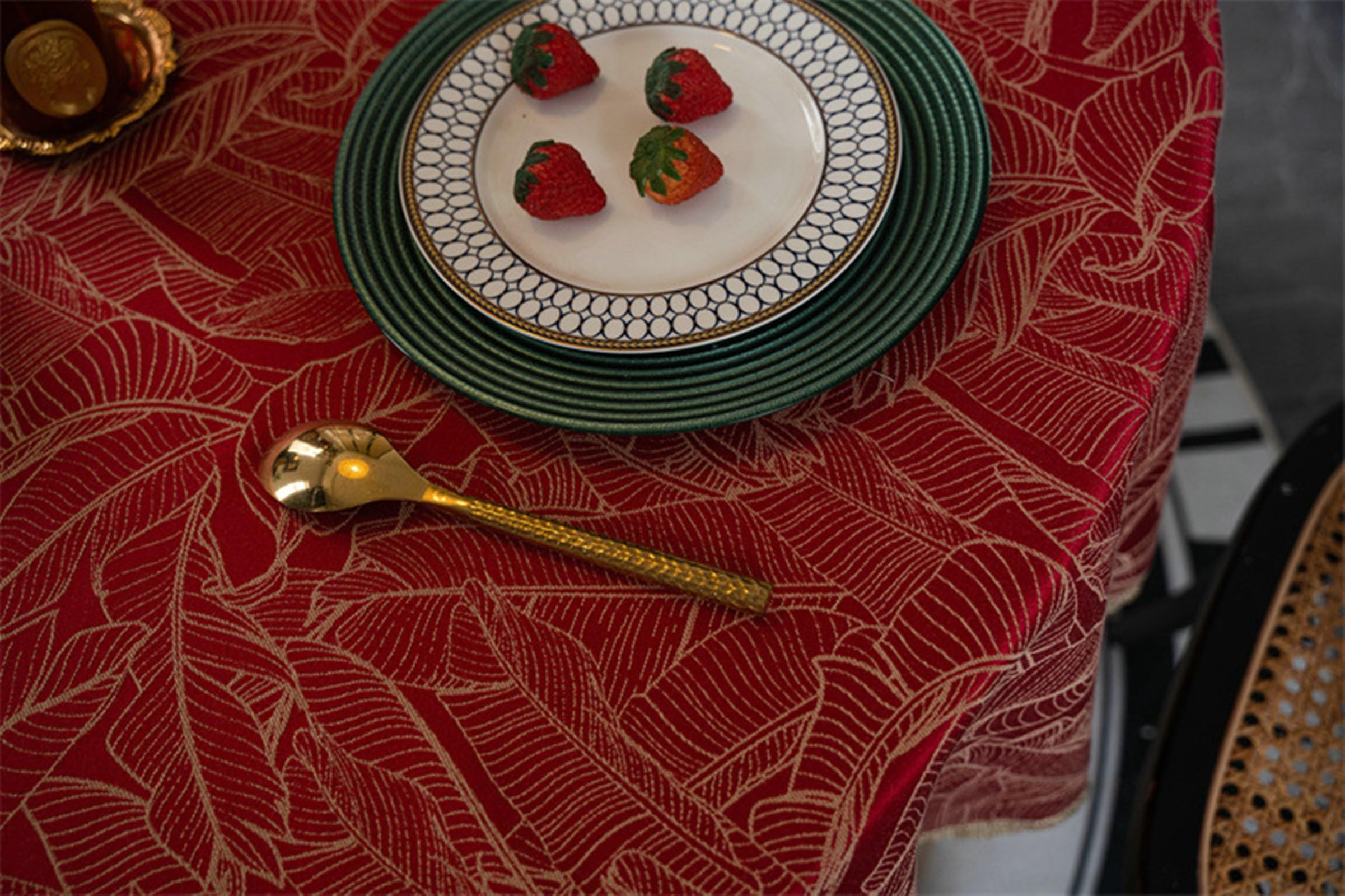 Mantel Antimanchas Mesa Redonda 160 cm, Rojo, Mantel Poliéster Hojas Jacquard con Borde de Encaje