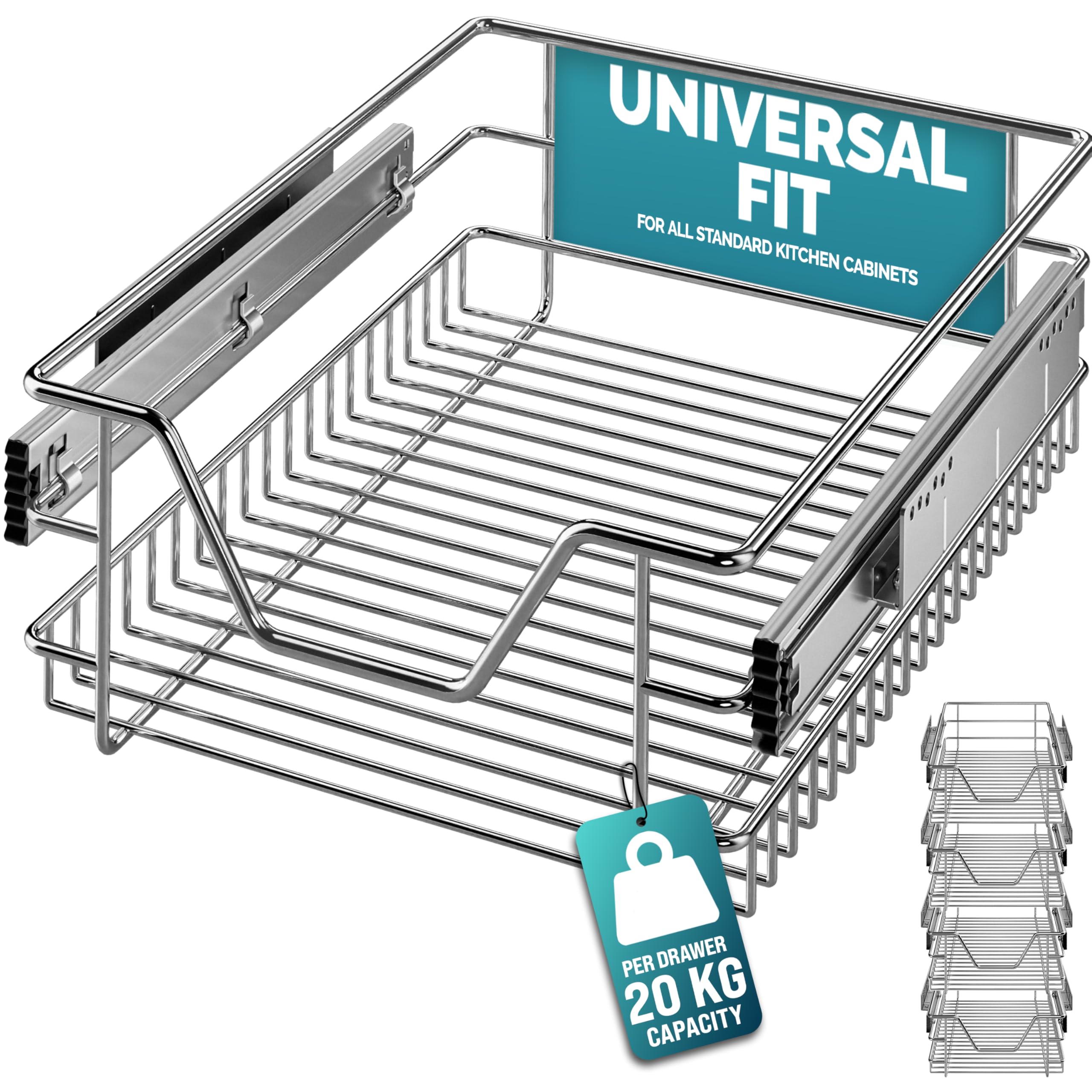 CASARIA® 4x Pull Out Telescopic Kitchen Drawer | For 40cm Units - 36cm Internal Cabinet Dimensions | Chrome-Plated | 20kg Load Capacity | Basket Shelf Organiser Storage Space Saving