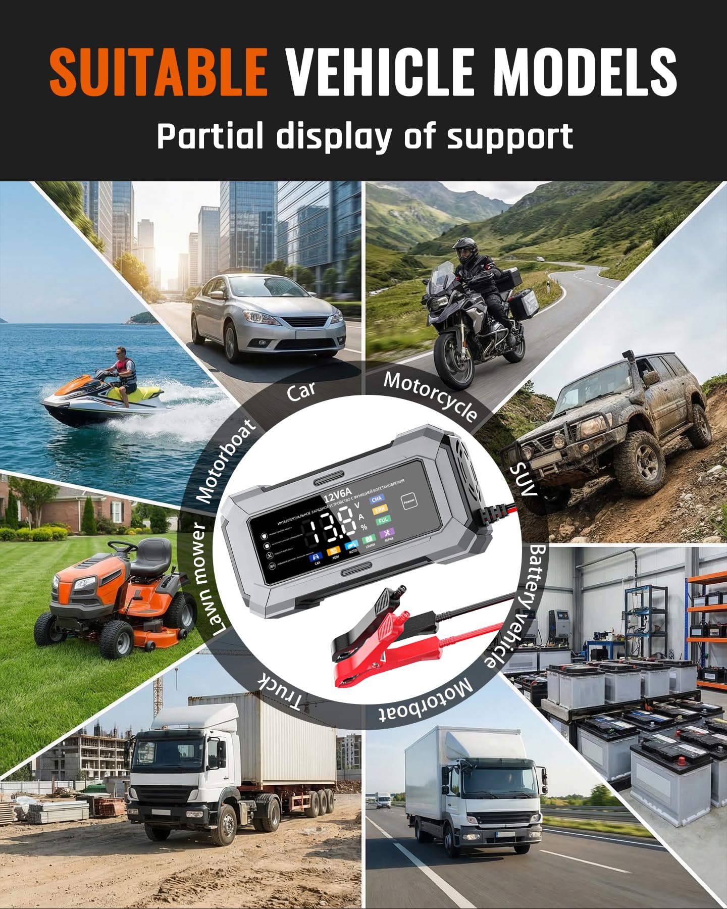 TANYO Caricabatterie Intelligente 12V 6A con Display LCD per Auto Moto AGM LiFePO4