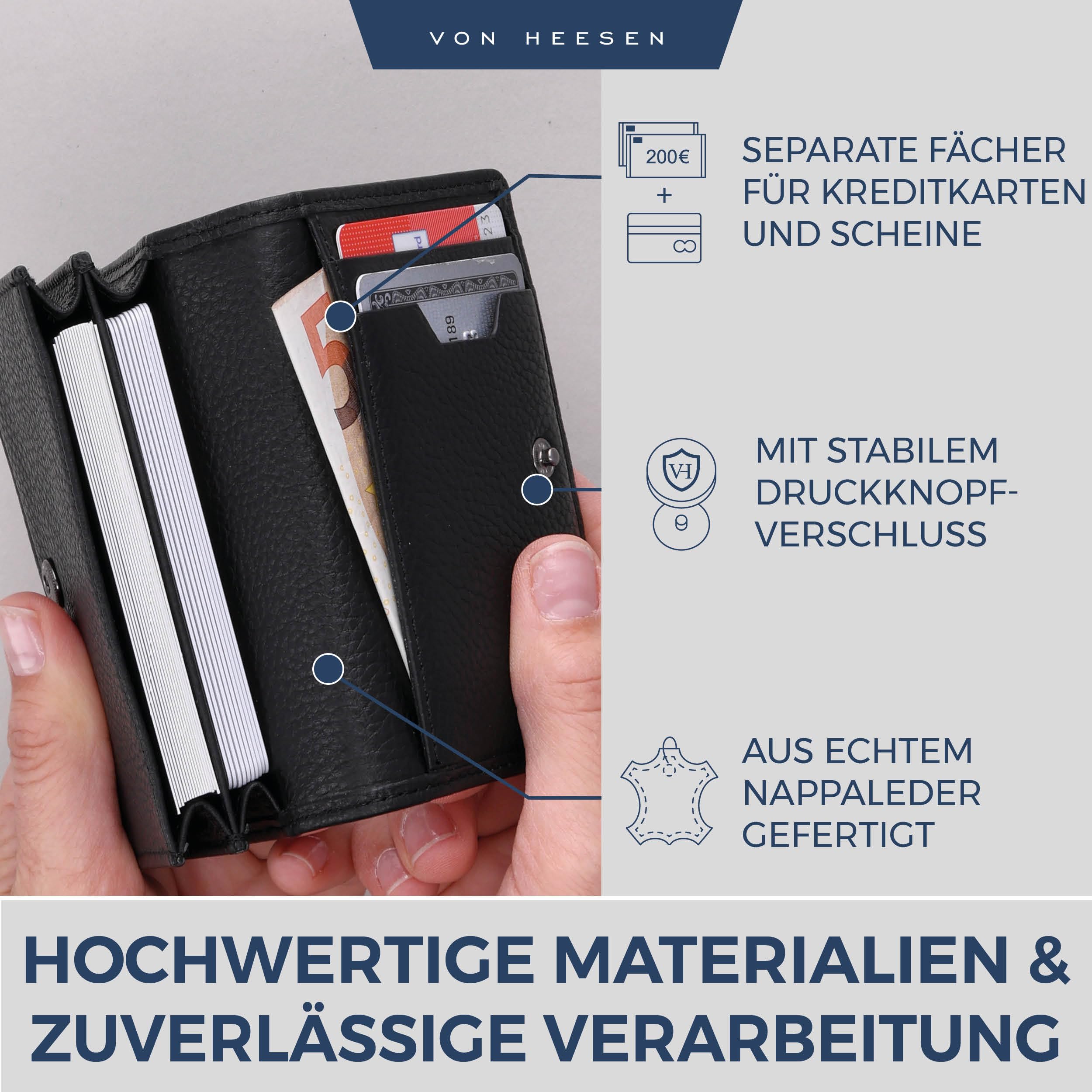 VON HEESEN® Visitenkartenetui Leder mit RFID-Schutz - Platz für 50 Visitenkarten - 6 Fächer - Visitenkarten Etuis - Geschenk für Damen & Herren (Schwarz)