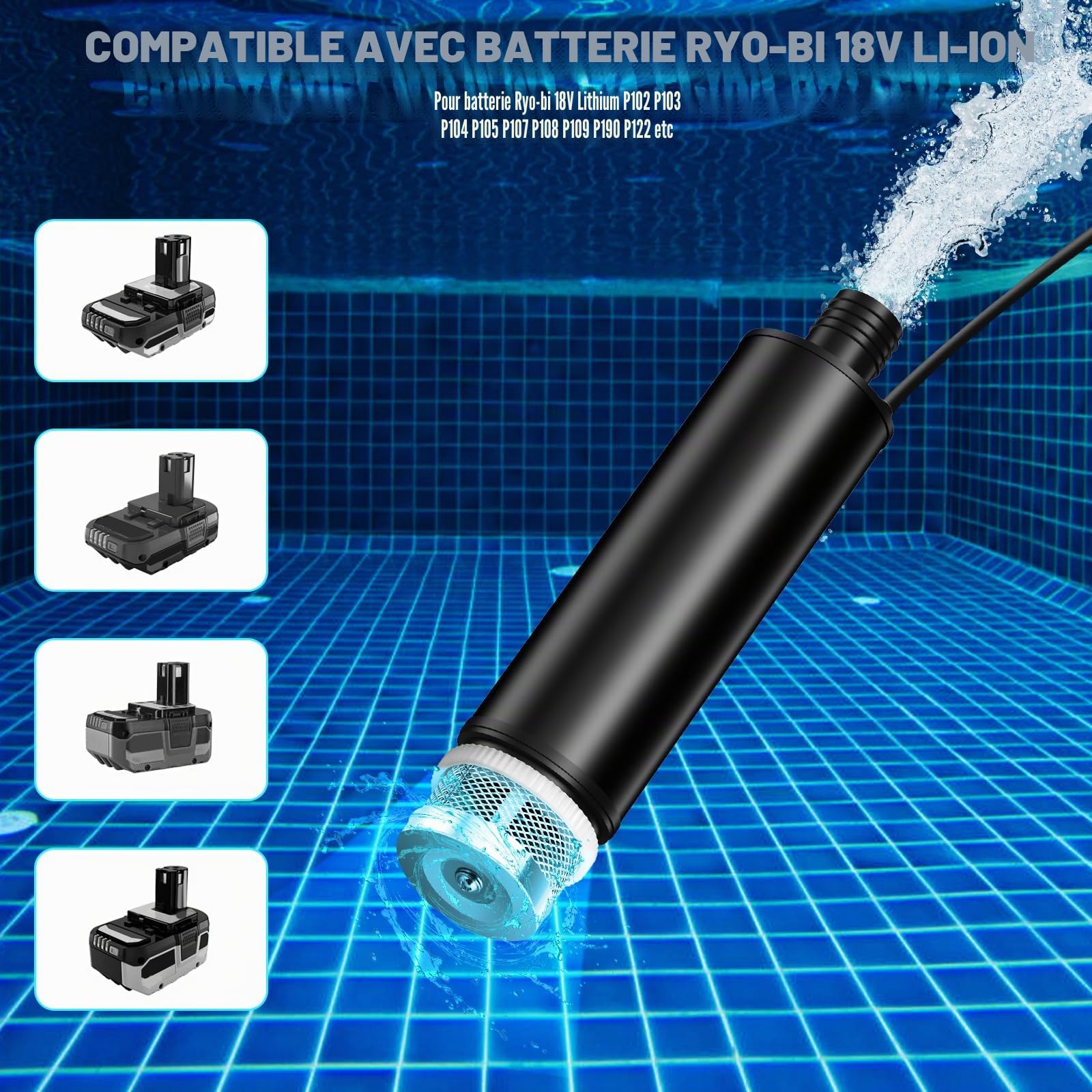Pompe submersible 635GPH pour batterie Ryobi 18 V, pompe à eau sans fil avec filtre à sédiments, pompe de transfert 100 W, pompe à eaux chargées à haut débit pour piscine, jardin, baignoire