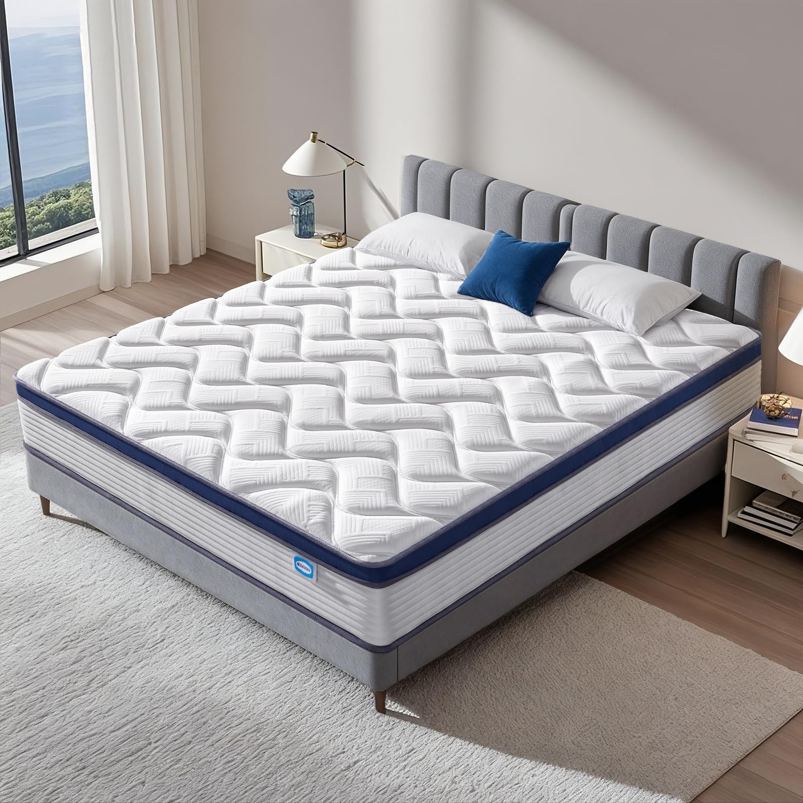 SEZMOONSI Queen Size Mattress 12 Inch, Hybrid Queen Mattress with Memory Foam & Pocket Springs, CertiPUR-US Certified, Medium Firm, Motion Isolation, Queen Bed Mattress in a Box for Pressure Relief