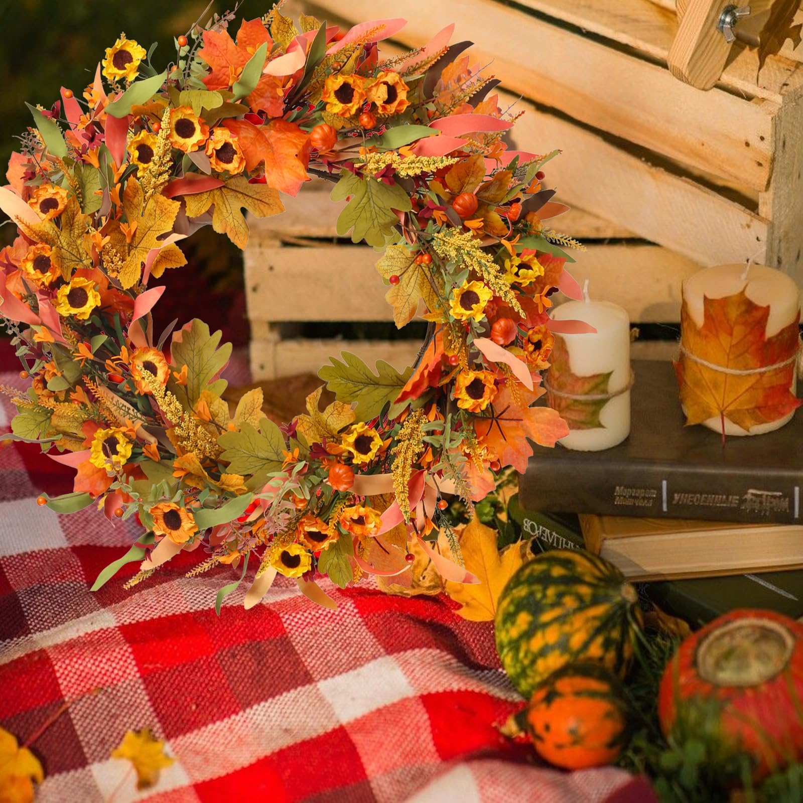 Zythrem Couronne d'automne pour porte d'entrée 61 cm / 24in Couronne de tournesol artificiel