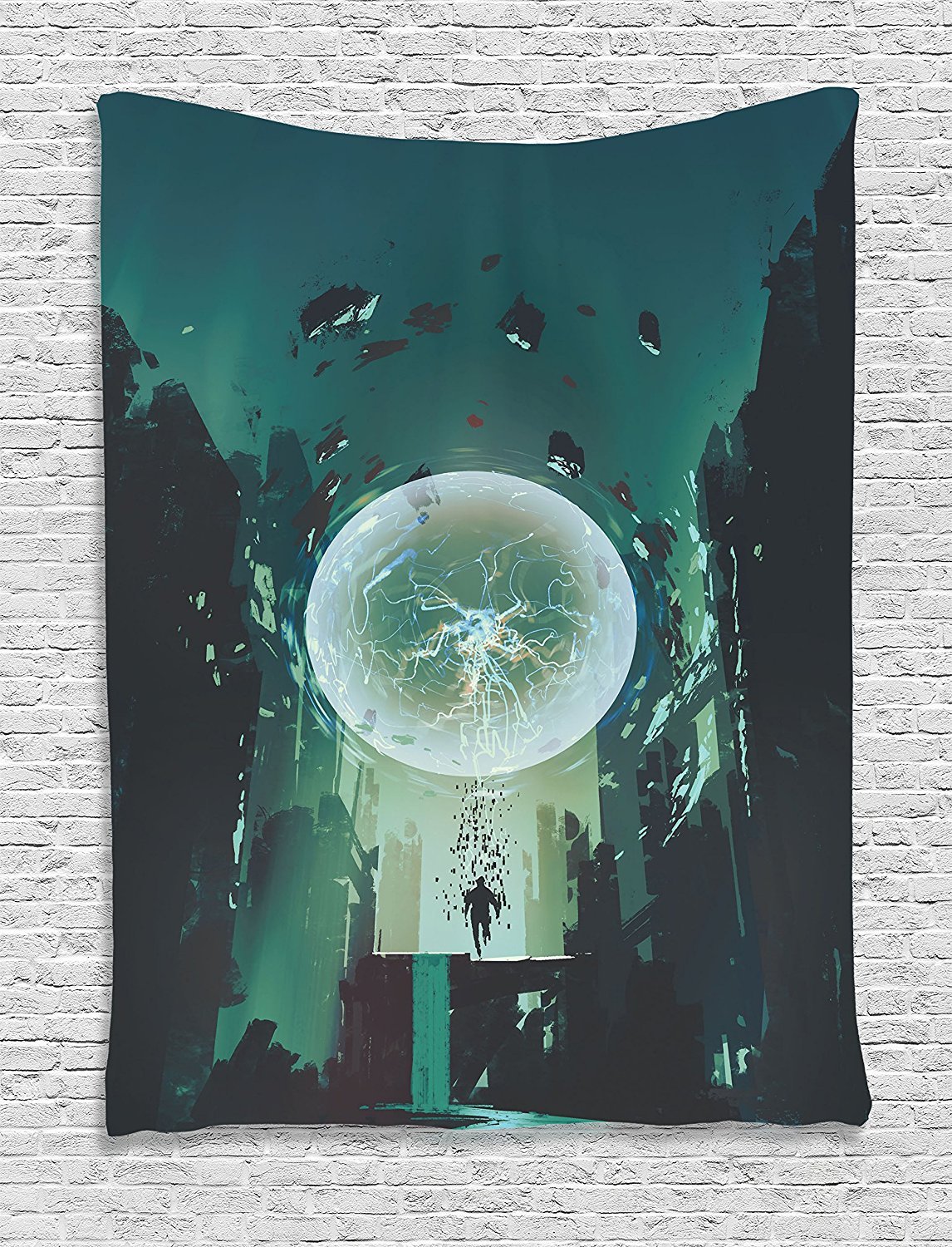 Fantasy Art House Decor Tapestry, Lightning Ball and Human Building Dark Feeling Featured Comics Art, Wall Hanging for Bedroom Living Room Dorm, 60 W x 80 L Inches, Teal Black