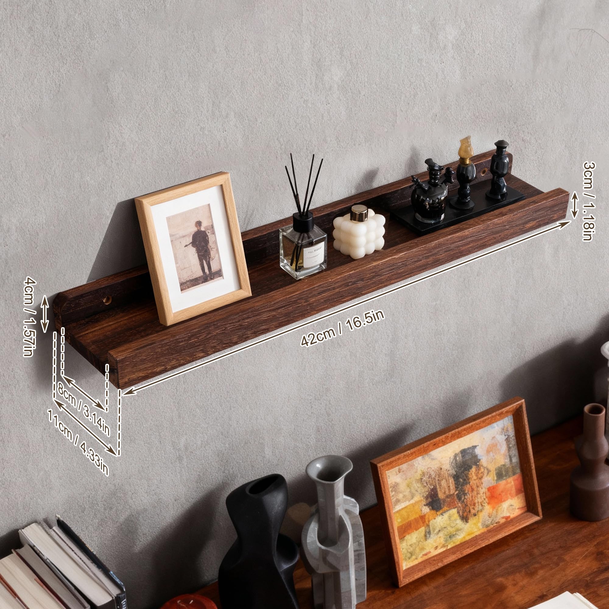 Estantes Flotantes, Estanterías de Exhibición de Pared Rústica para Sala de Estar, Organizador de Madera de 3 Niveles con Madera de Paulownia, 42x11x4cm (Brown)