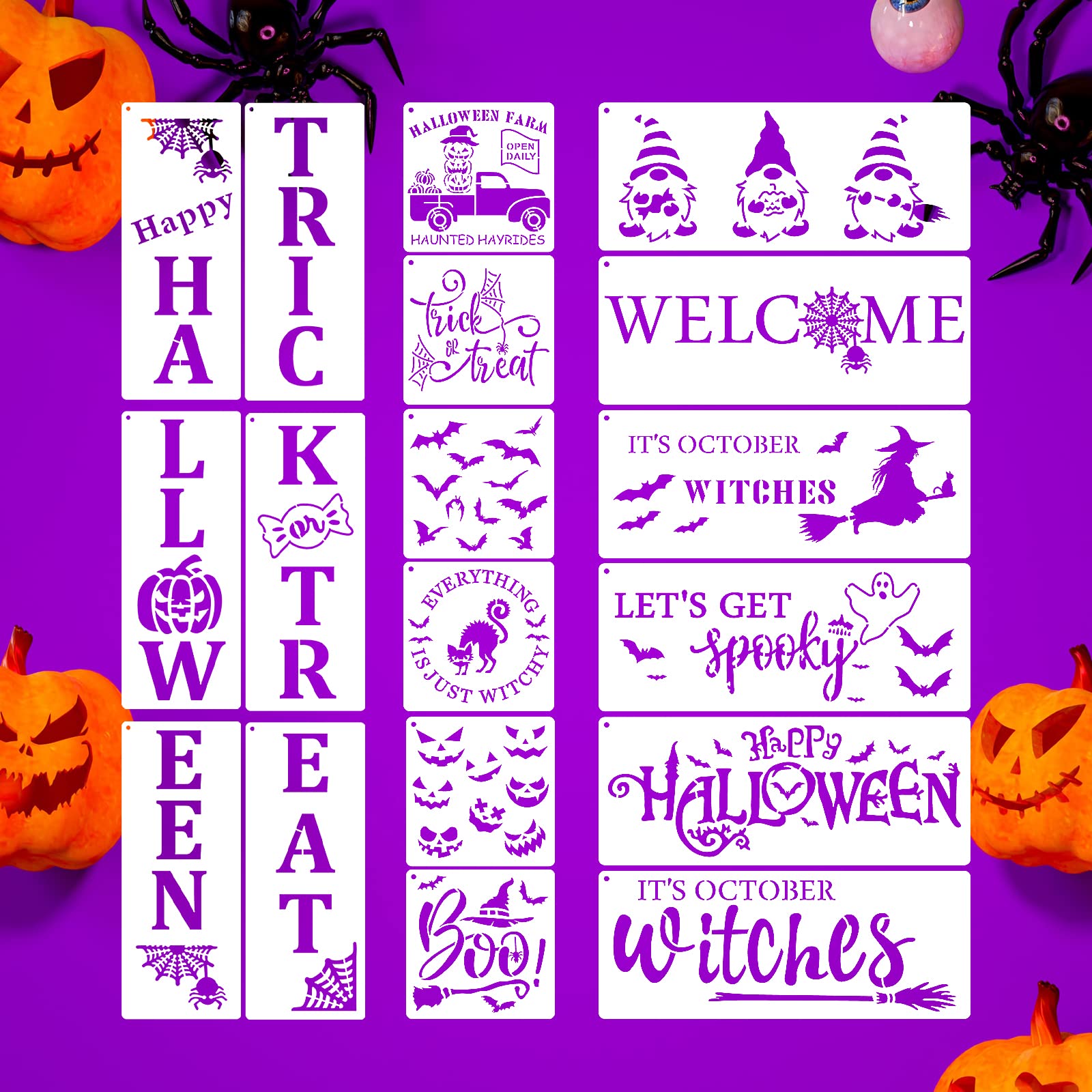AIEX 18 Stück Schablonen Zum Malen Schablonen für Holz Halloween Schablonen Schablonen Halloween Leckerli Schablonen Halloween Schablonen zum Malen auf Holz Wiederverwendbare Große Happy Halloween