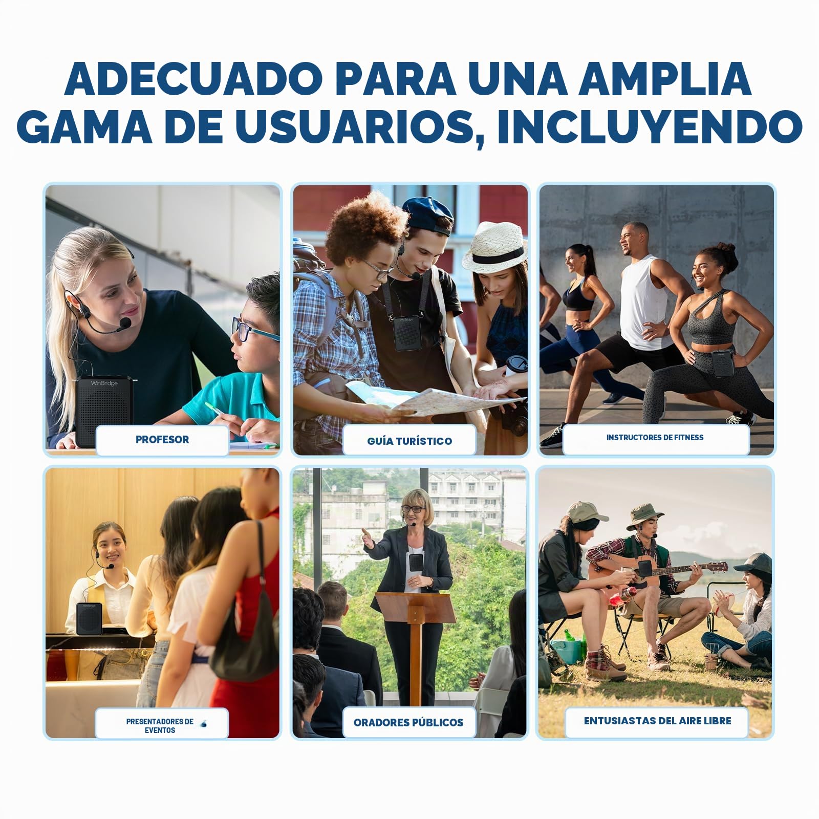 WinBridge - Amplificador de Voz con micrófono portátil, micrófono de Profesor para Aula, Altavoz de guía turística, micrófono de Auriculares para Instructor de Grupo, micrófono megáfono, Sonido Claro