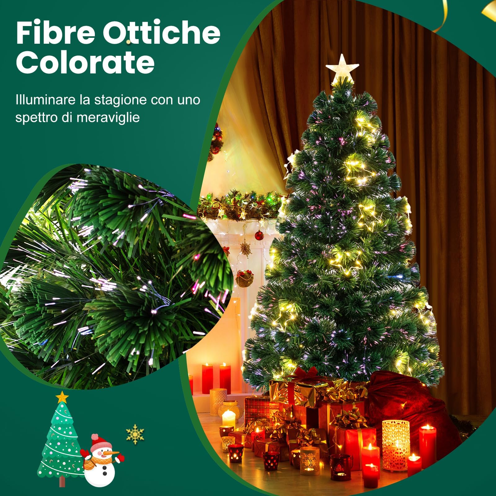 RELAX4LIFE Árbol de Navidad con 130 Ramas, 197 Luces LED Blancas Cálidas, 18 Decoraciones Estrelladas y Fibras Ópticas, Arbol de Navidad con Luces Incorporadas, Arvore de Natal (120 cm)