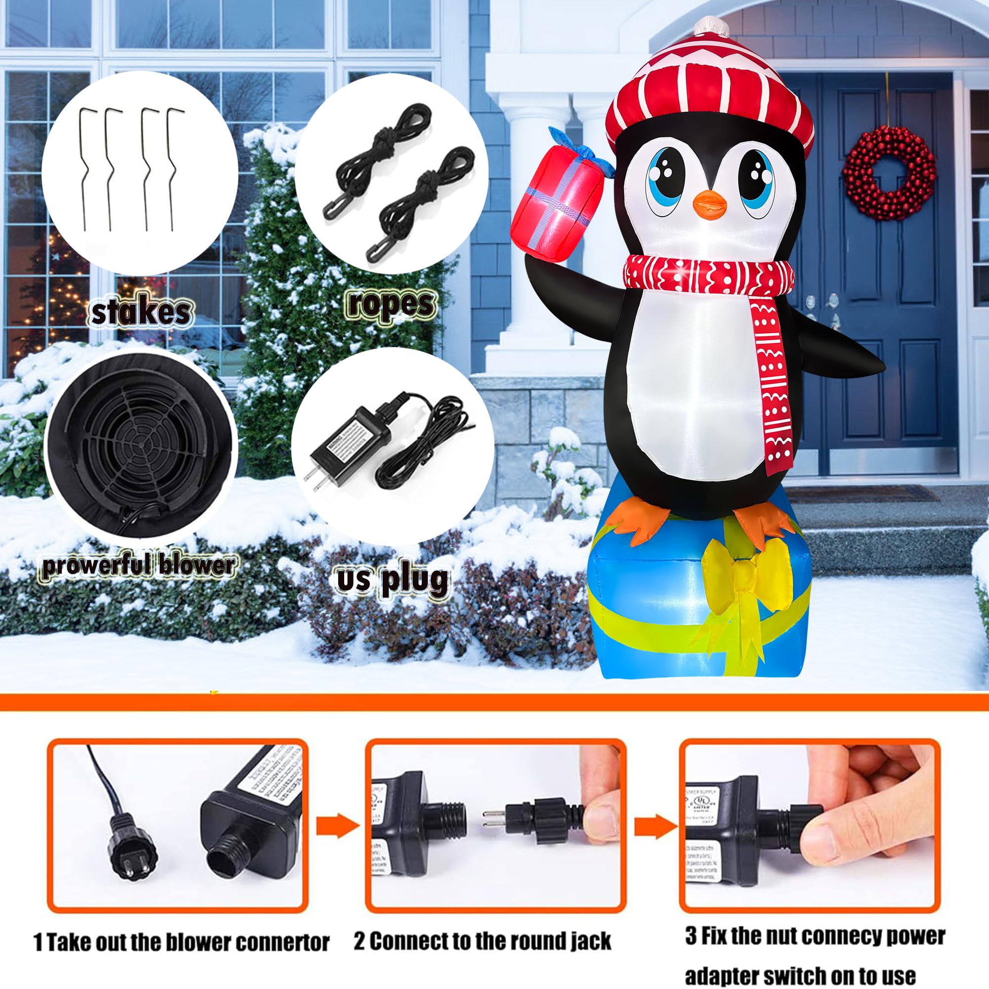 JOYEASE 1,5 m gonfiabili di Natale pinguino in piedi in confezione regalo decorazioni illuminate a LED di Natale Blow up per feste interni esterni giardino cortile decorazione
