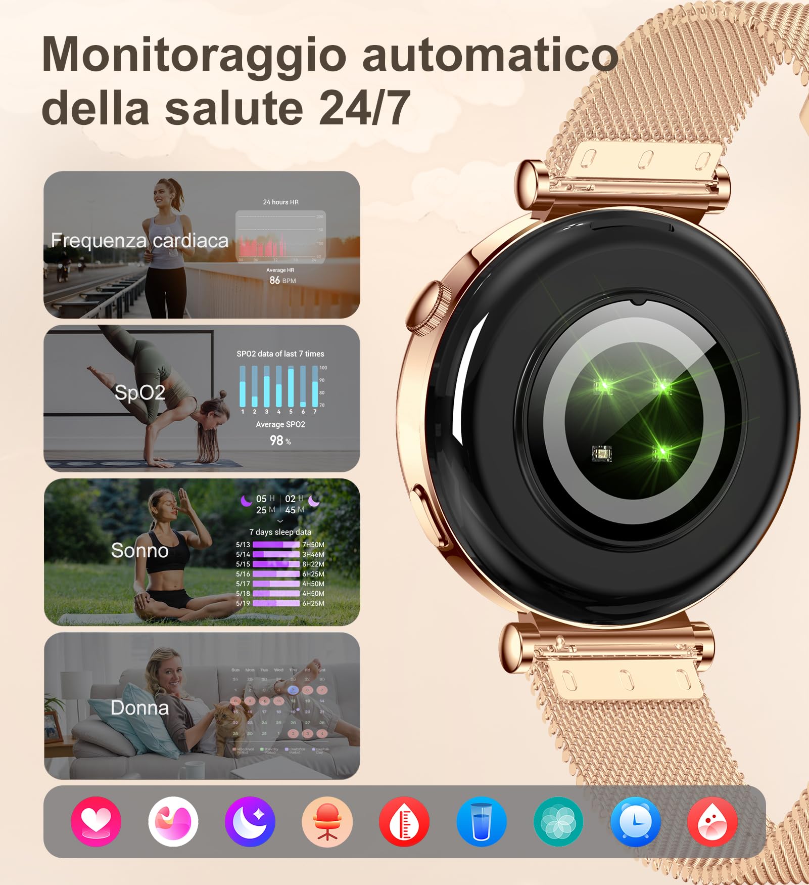 Smartwatch Donna Piccolo, 1.27" Smart Watch Rotondo 41mm, Orologio Digitale Elegante con Chiamate, Contapassi, 100+ Modalità Sportive, Cardiofrequenzimetro, Sonno, Compatibile iOS Android, Oro Rosa