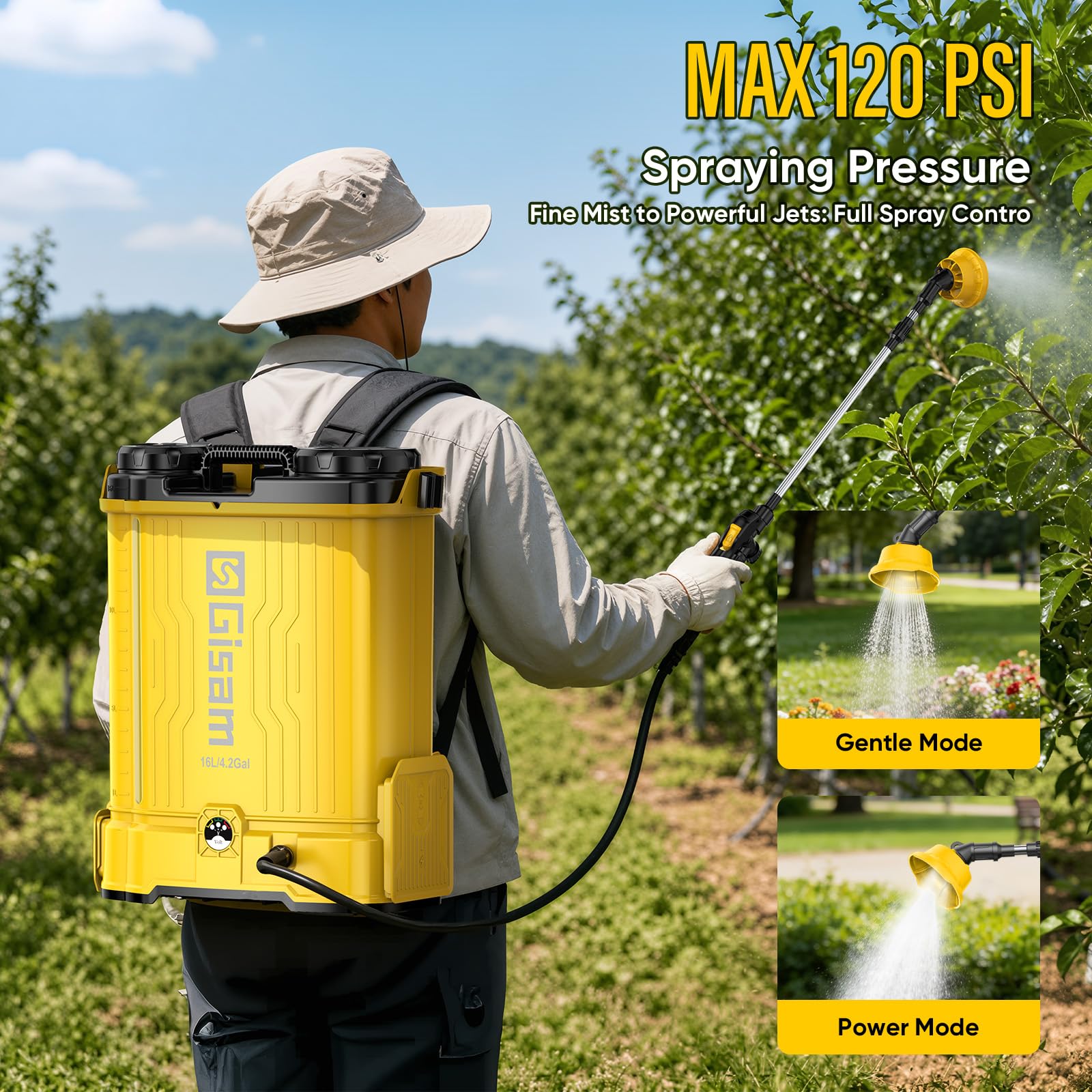 16L Akku Drucksprüher, 120 PSI Gartenspritze, Rückenspritze mit Rührfunktion, 2 x 2000 mAh-Akkus, 5 Düsen & Korrosionsbeständiger, Sprühbalken für Unkraut, Düngung, Pestiziden