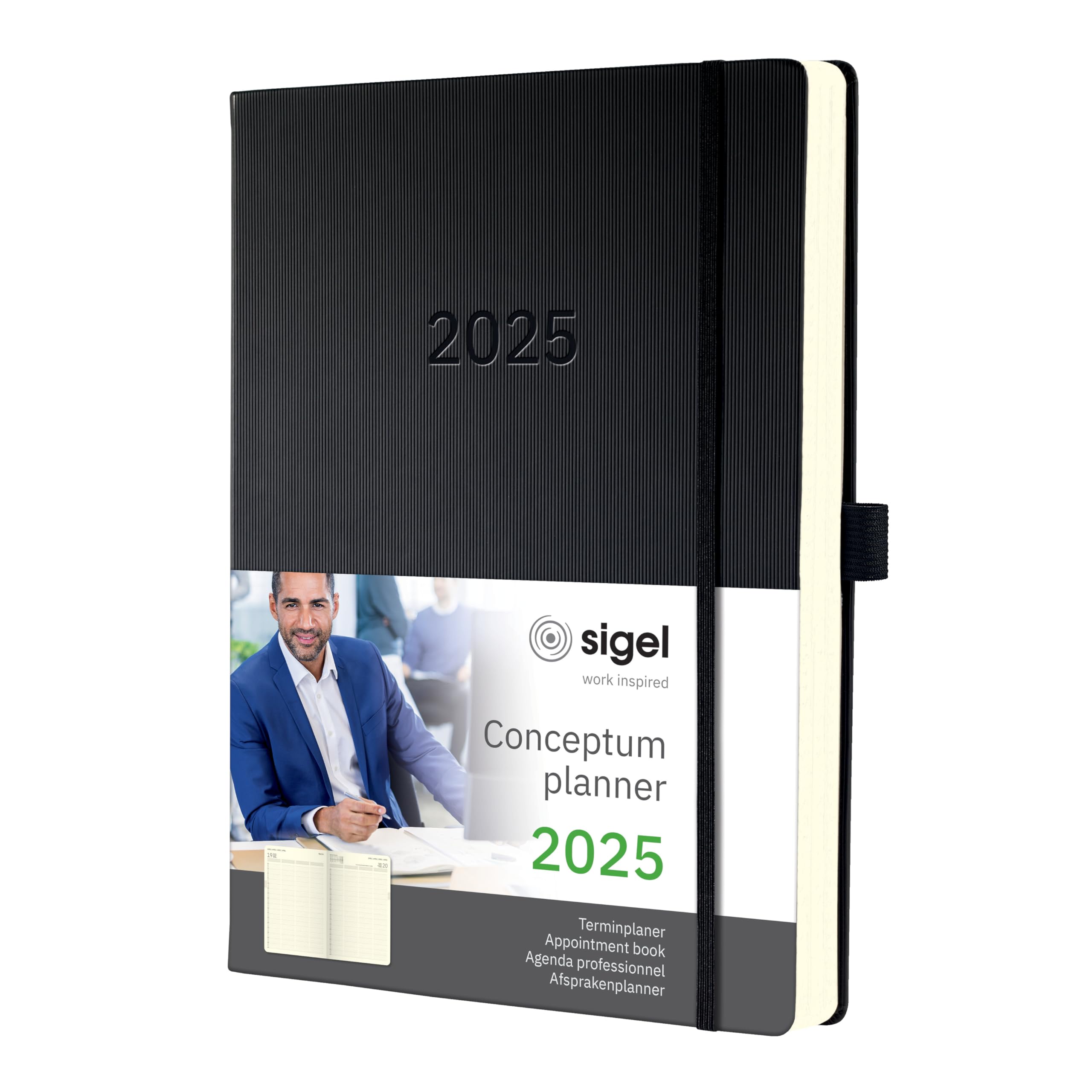 SIGEL C2504 Planungsbuch XXL, Terminkalender 2025, A4+, 1 Tag = 1 Seite, für 4 Personen, schwarz, Hardcover, 480 Seiten, Gummiband, Stiftschlaufe, Archivtasche, PEFC-zertifiziert, Conceptum