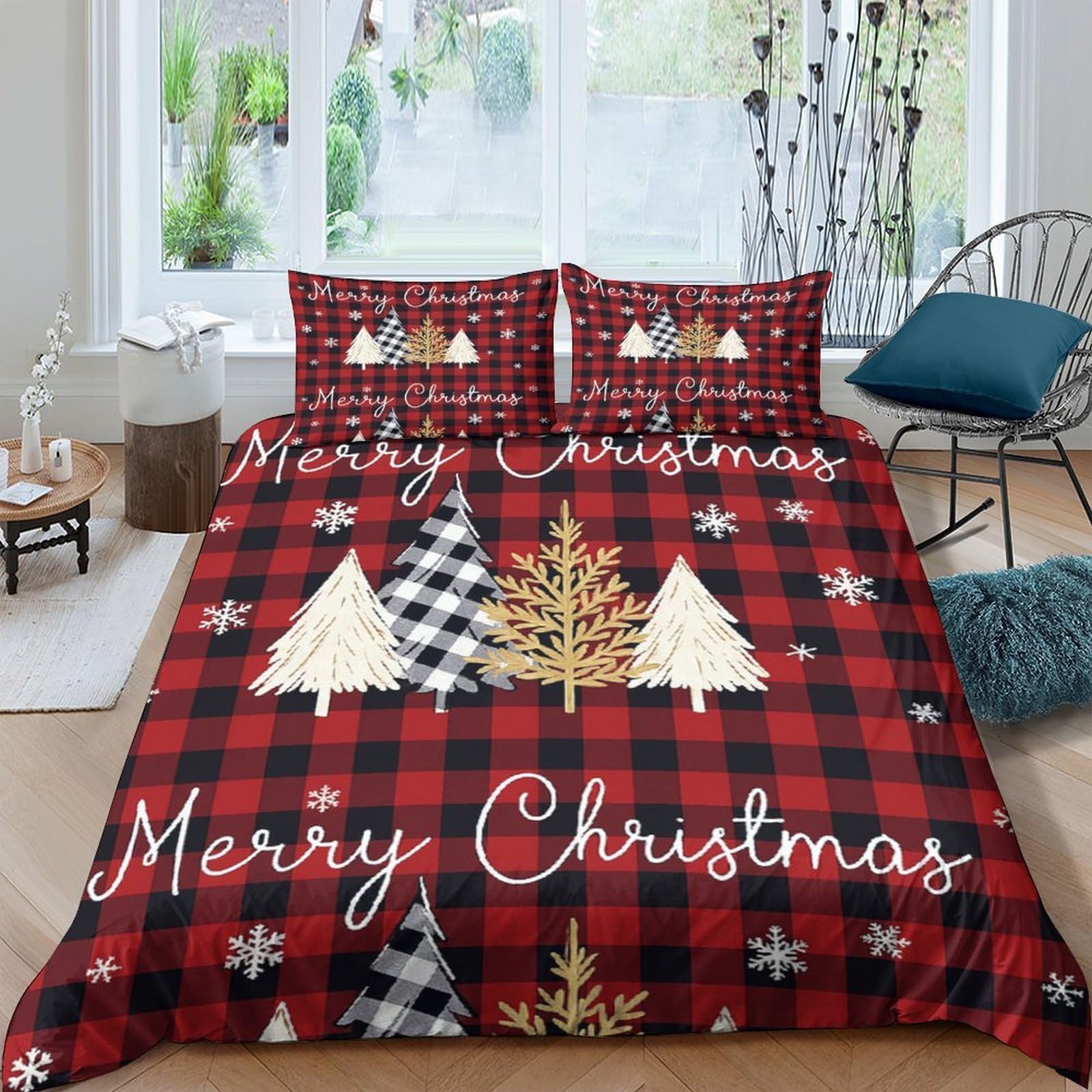 GPLZQXKJNH 3D Printed Christmas Tree Plaid Duvet Cover Microfiber Soft Breathable Bedding Set with 2 Pillowcases for Bedroom Decor Single（135x200cm）
