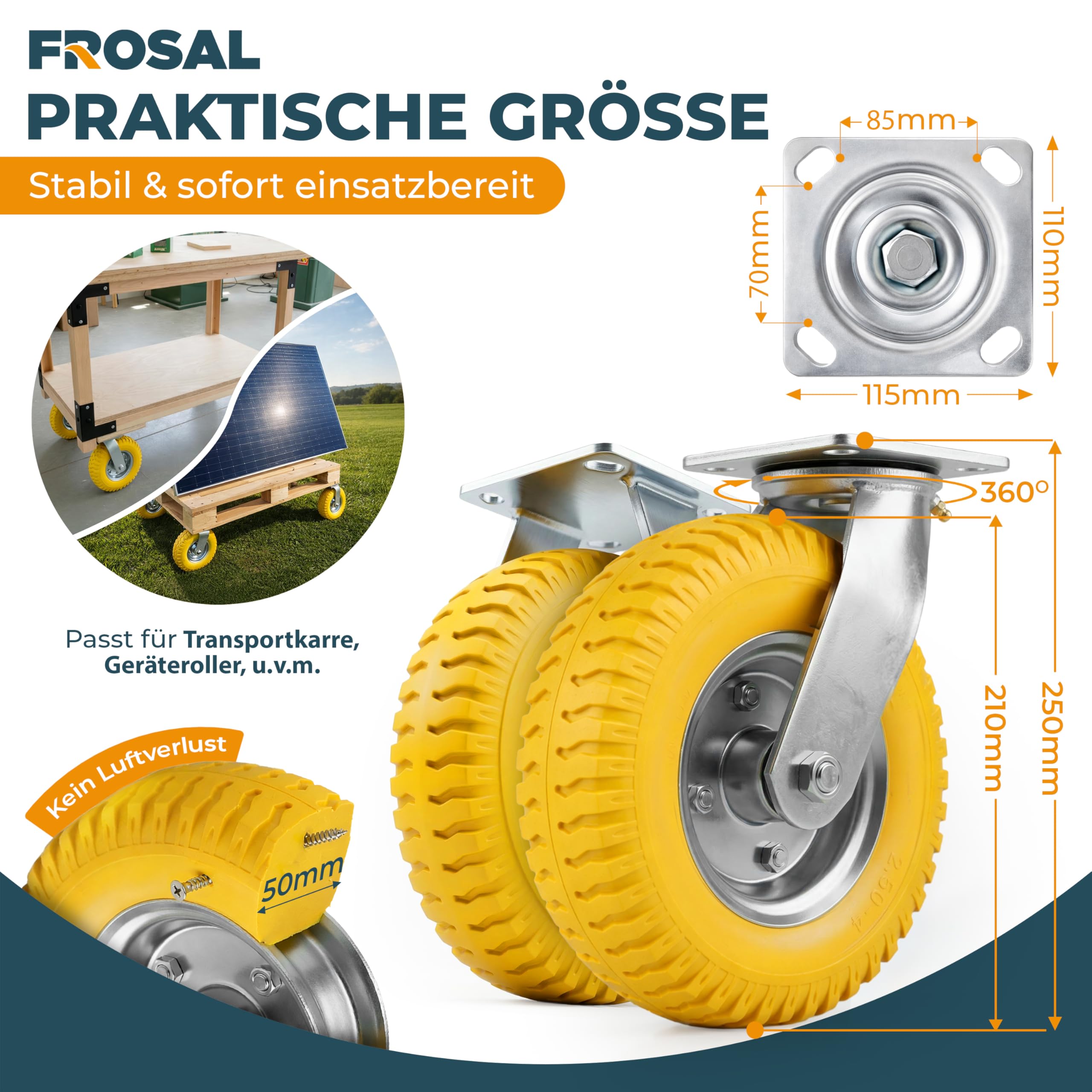 FROSAL 4-teiliges Rollen-Set 8 Zoll 2.50-4 – 2 Bockrollen und 2 Lenkrollen – pannensichere PU-Räder Ø 210 mm mit Stahlfelge – bis 120 kg – für Transportwagen