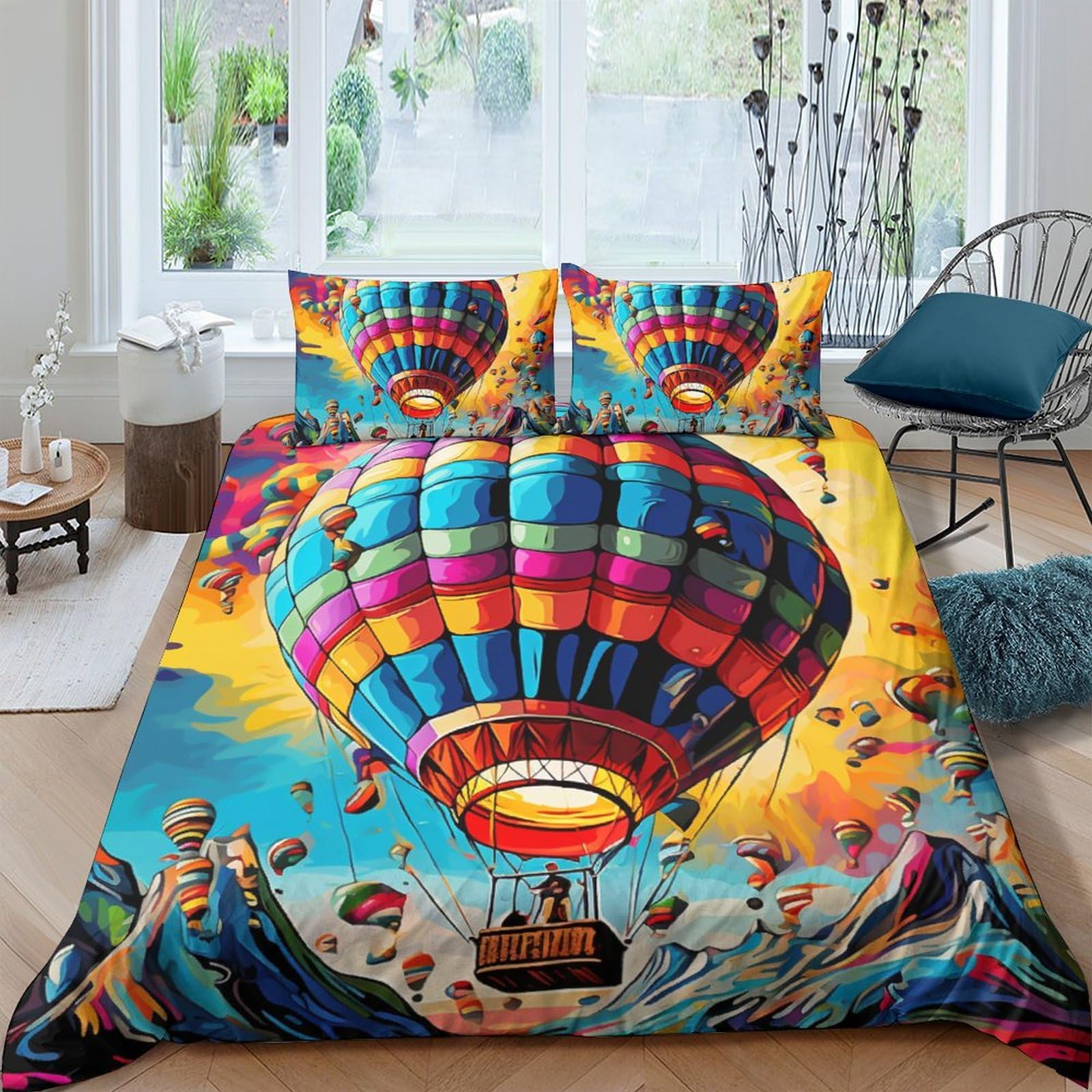 Palloncino ad aria calda 3D Stampa Set Di Biancheria Da Microfibra Set Copripiumino in Con Federa Con Chiusura A Cerniera 3 Pezzi Per Bambini E Adulti King（220x240cm）