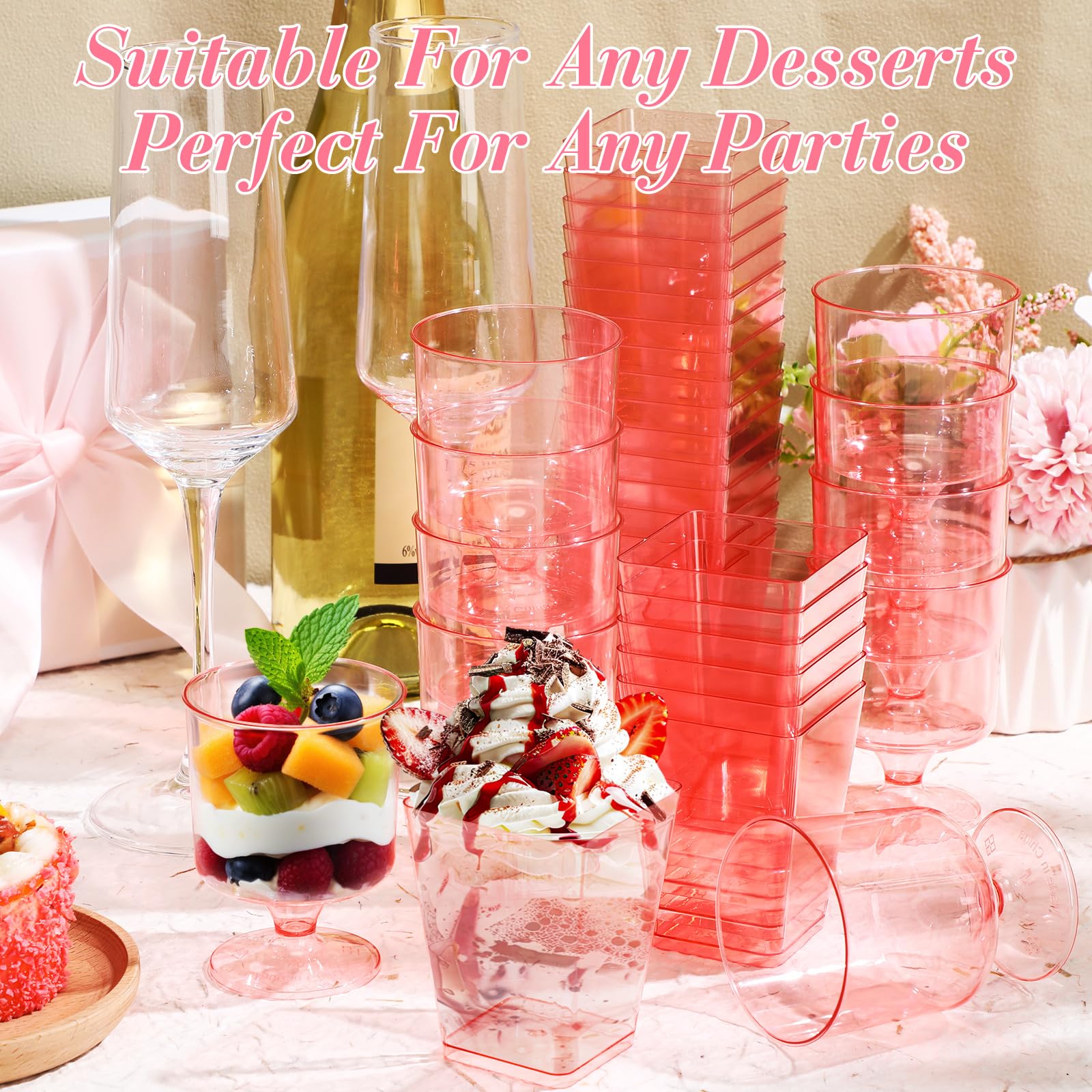 Funnymoom Paquete de 100 vasos de postre rosa con cucharas de 5 onzas, mini taza de postre de plástico transparente para postre, vasos cuadrados de chupito, cucharas redondas de plástico para frutas,