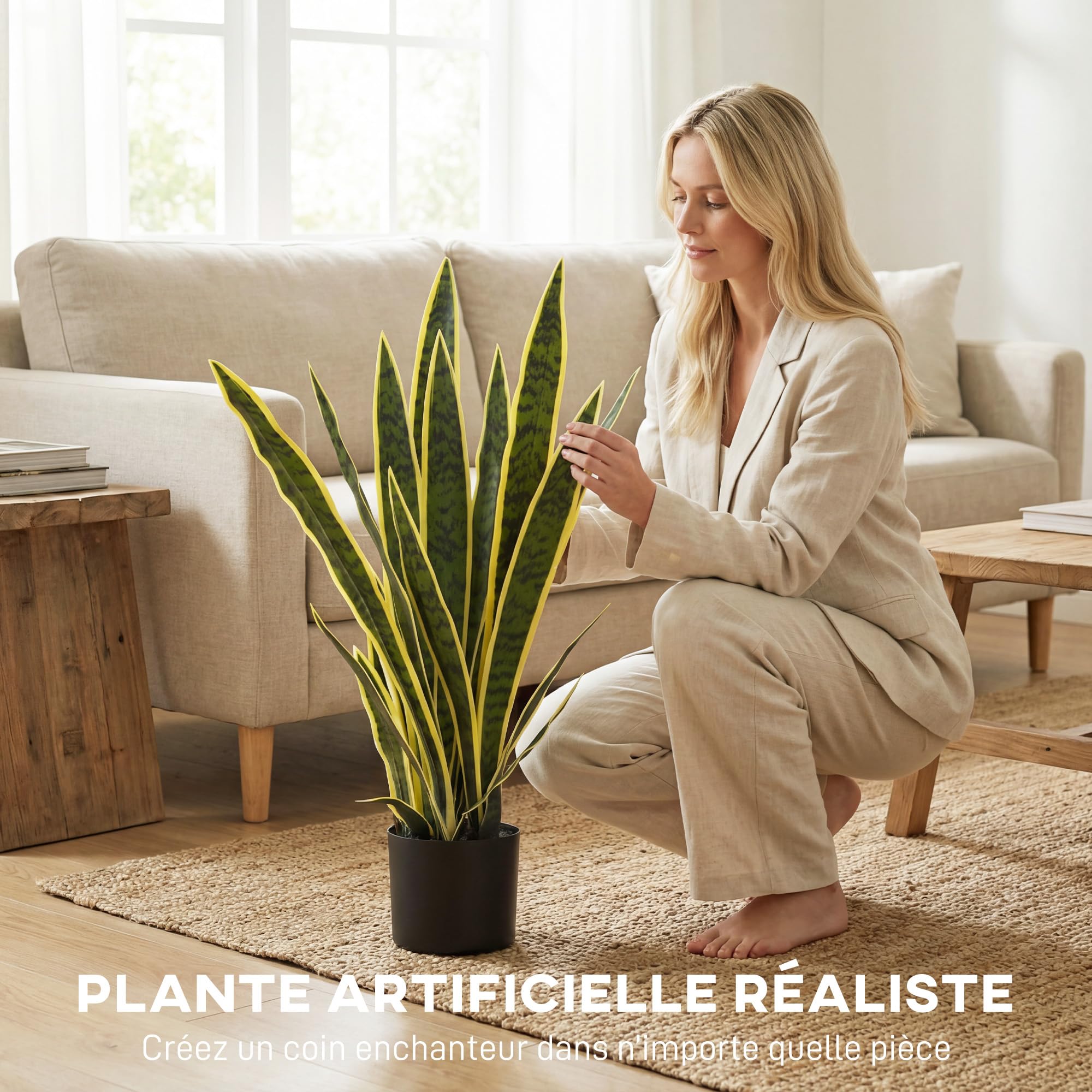 Outsunny Plante Artificielle Sansevieria 77 cm, 21 Feuilles Ajustables | Fausse Plante, Intérieur Extérieur, avec Pot, Facile à Nettoyer, pour Bureau Salon Chambre