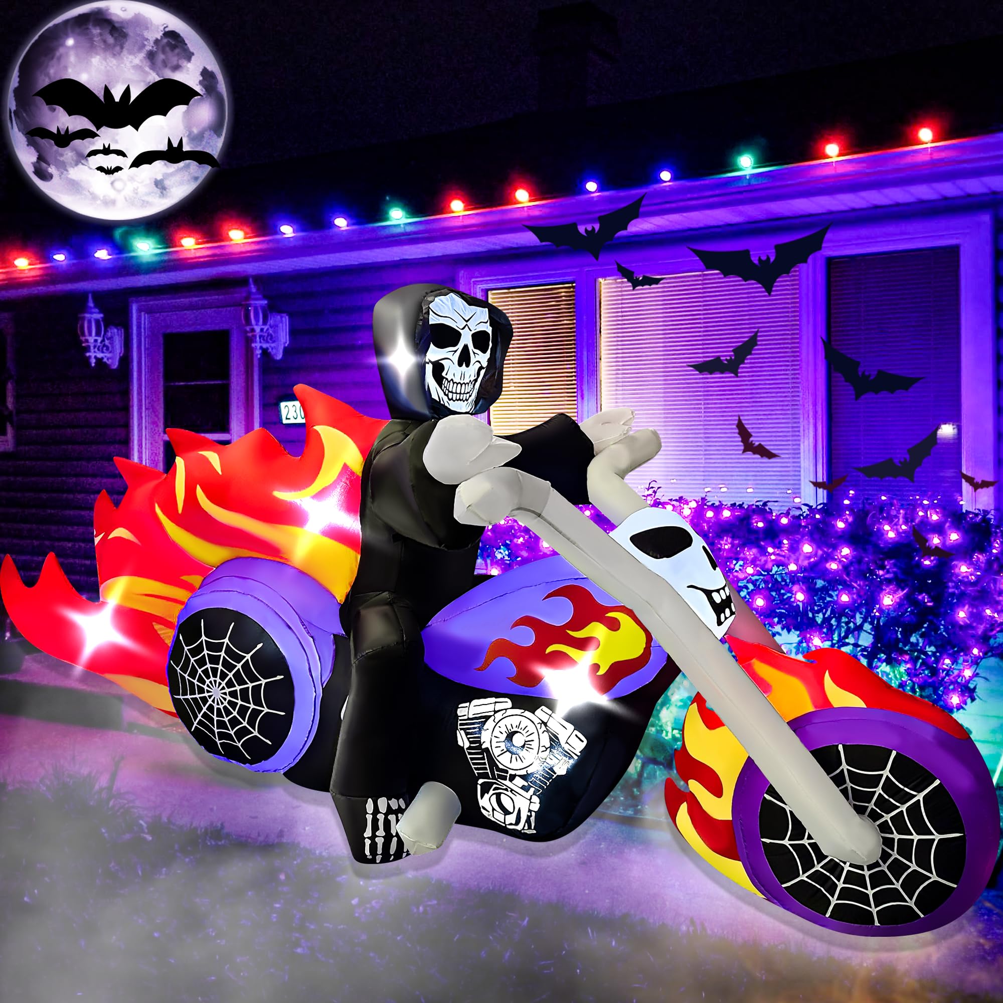 BLOWOUT FUN 10 Ft Long Halloween Inflatable Outdoor Decoration Grim Reaper Riding Motorbike Blow Up Inflatables Halloween Decorations with Build-in LEDs for Home Yard Lawn Garden Party Decor