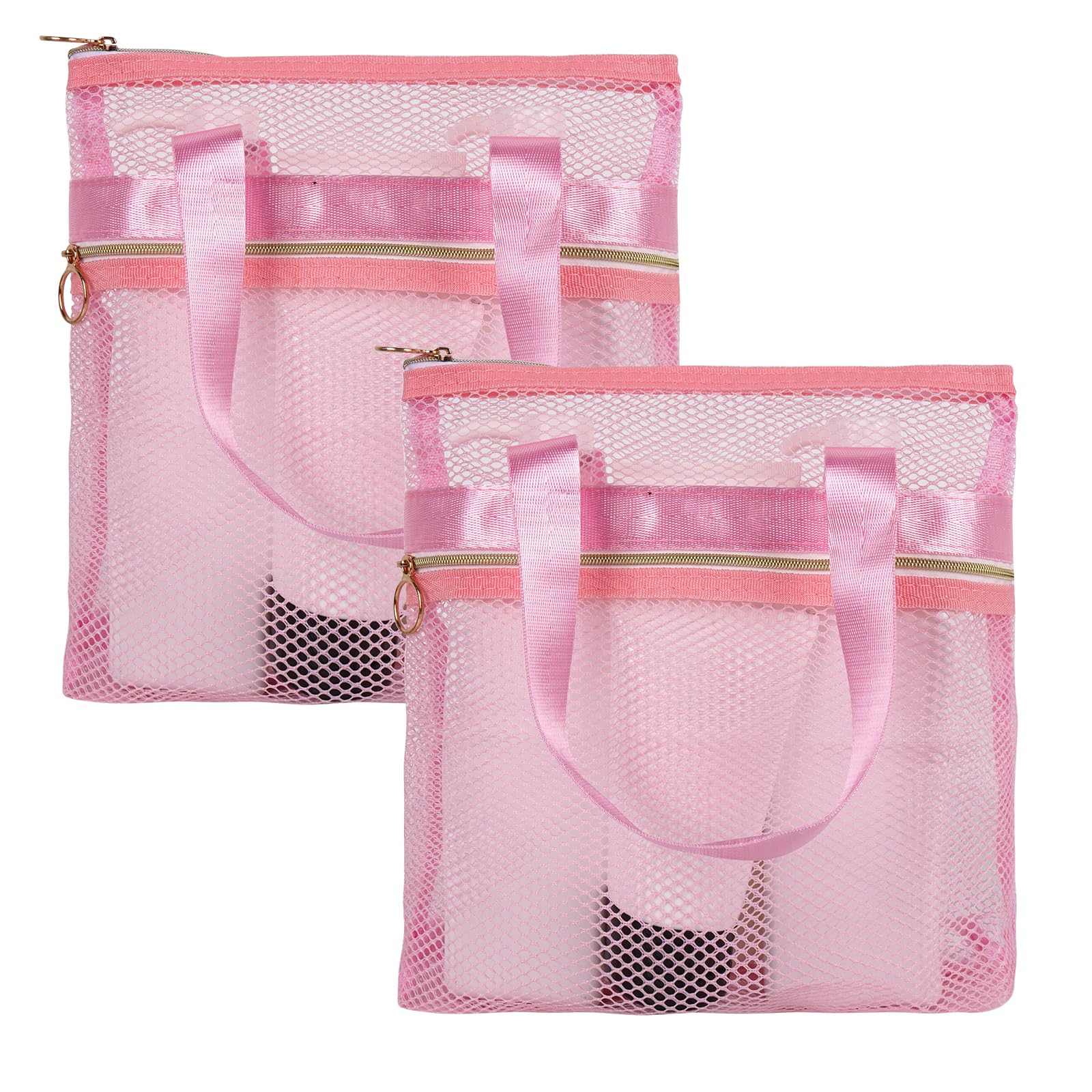 DODAMOUR 2 Packs Mesh Shower Caddy, Portable Shower Tote Bag for College Dorm, Travel Hanging Toiletry Bath Organizer with Zipper (Pink)