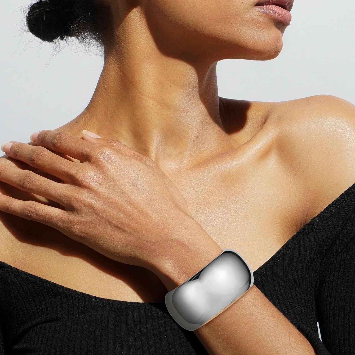 HZMAN 18K Gold Plated Wide Cuff Bracelet for Women - Premium Alloy Shiny Polished Double Layer Statement Bangle, Trendy Daily Wear Party Jewelry Accessory - Image 3