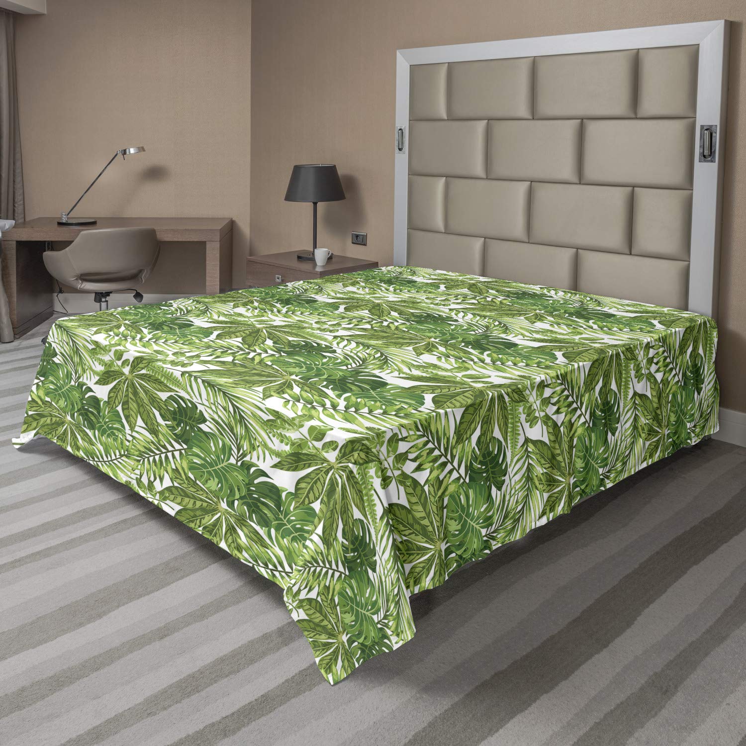 Ambesonne Palm Leaf Flat Sheet, Mix of Jungle Foliage Leaves Madagascar Aloha Botanical Forest Plant, Soft Comfortable Top Sheet Decorative Bedding 1 Piece, King Size, Green Olive Green White
