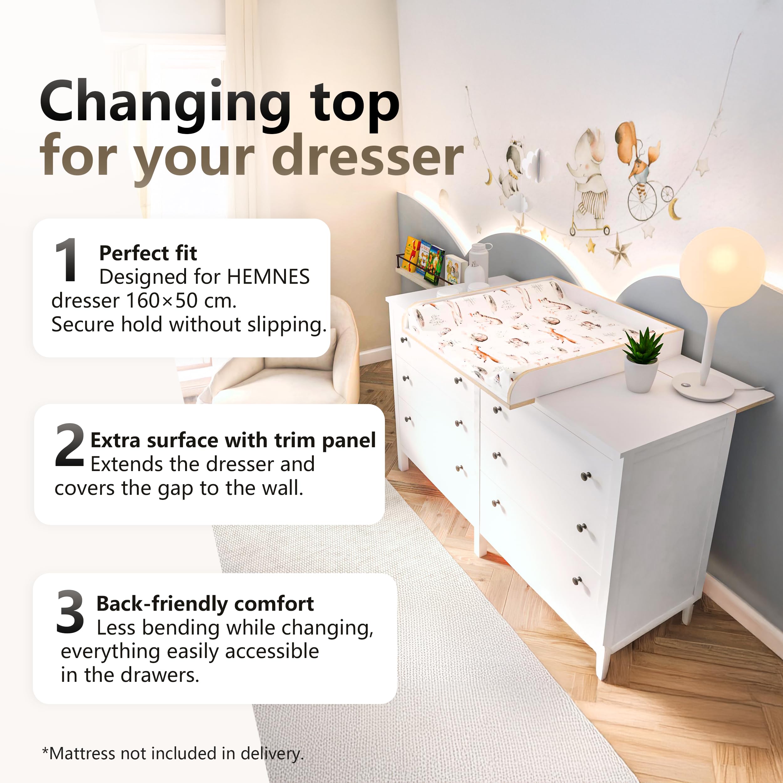 regalik Verschoonblad met plaat voor Hemnes van IKEA, Aankleedopzetstuk voor 50x160 cm Ladekasten, Afneembaar Aankleedblad, Rechte Frontpanelen, Wit Multiplex