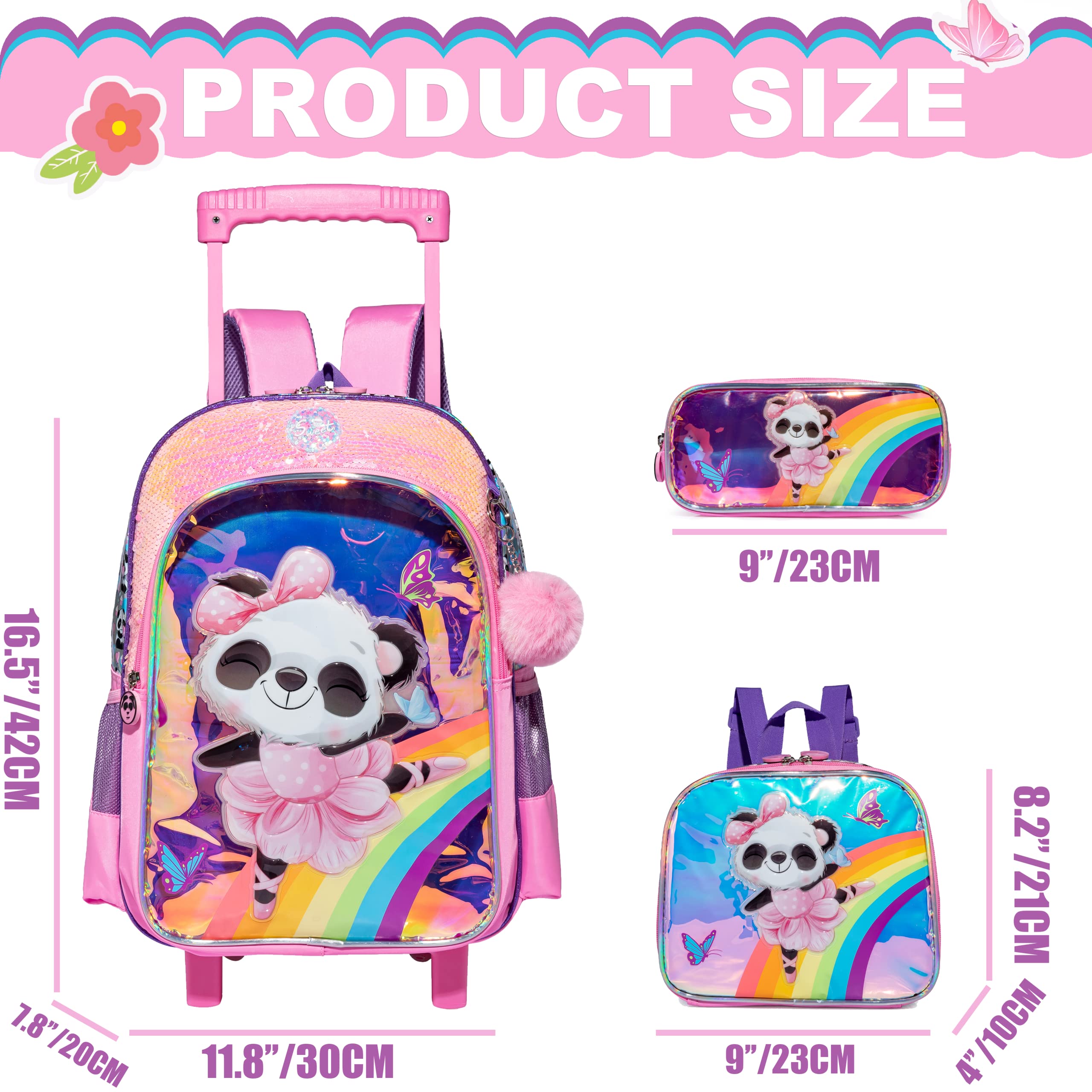 ZBAOGTW Panda Rolling Backpack for Girls with Lunch Box Kids Backpack with Wheels for School Sequin Trolley Trip Luggage Rolling Backpack for Kindergarten Girls Elementary