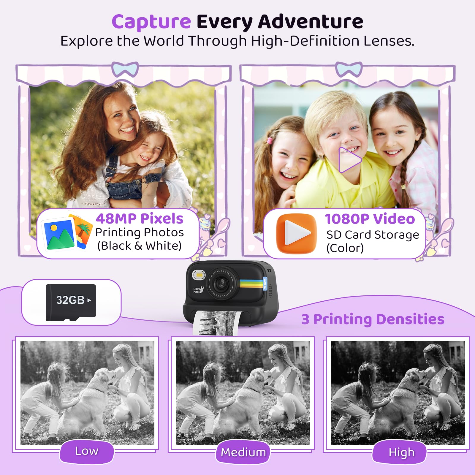 Orantronx Appareil Photo Instantané Enfant 1080P - 48MP Couleur + 32Go + 6 Rouleaux Papier, Cadeau 3-12 Ans